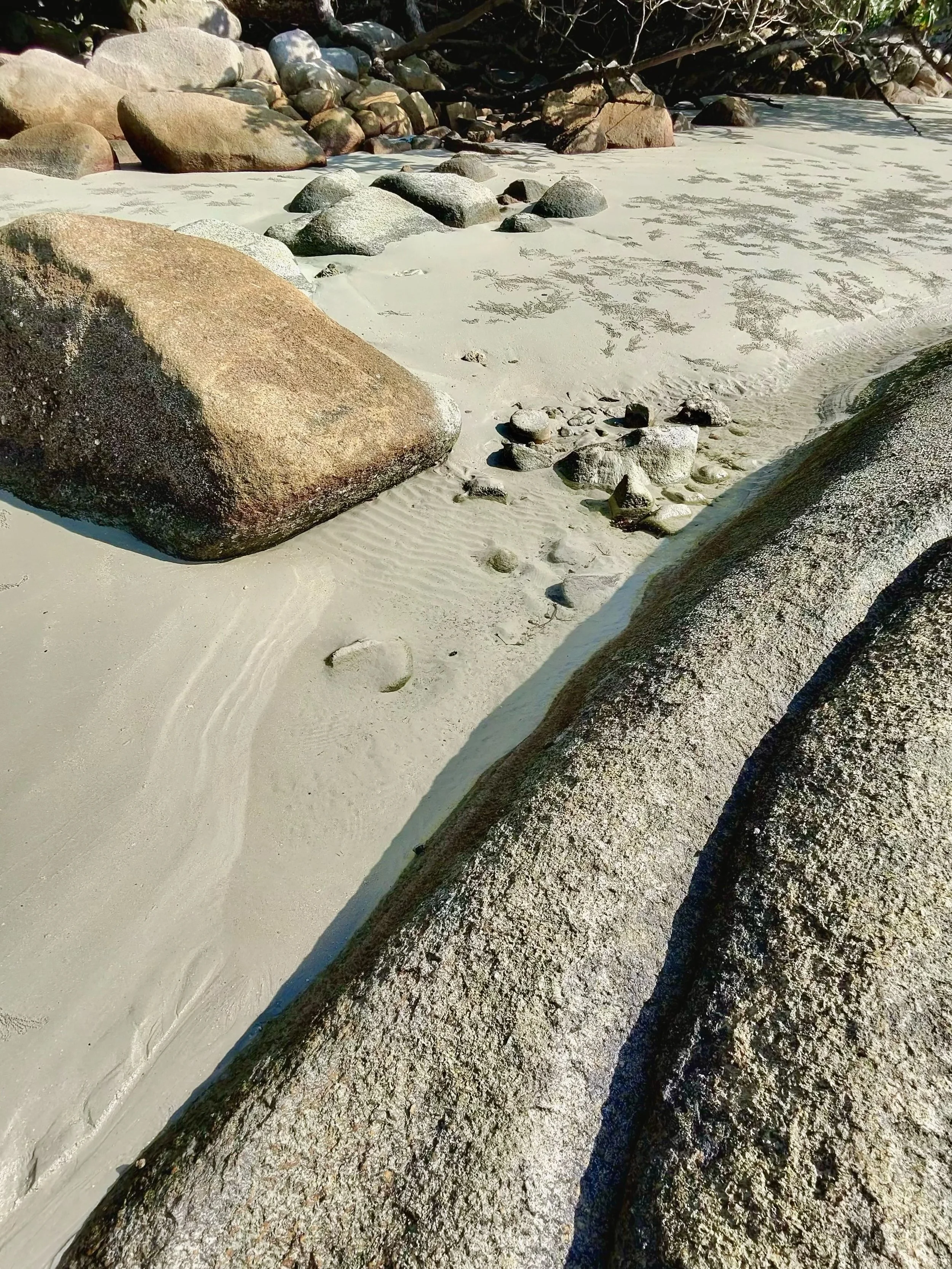 Calm sandy shore and coastal rocks representing peaceful resolution in family conflict counselling across British Columbia and Canada.