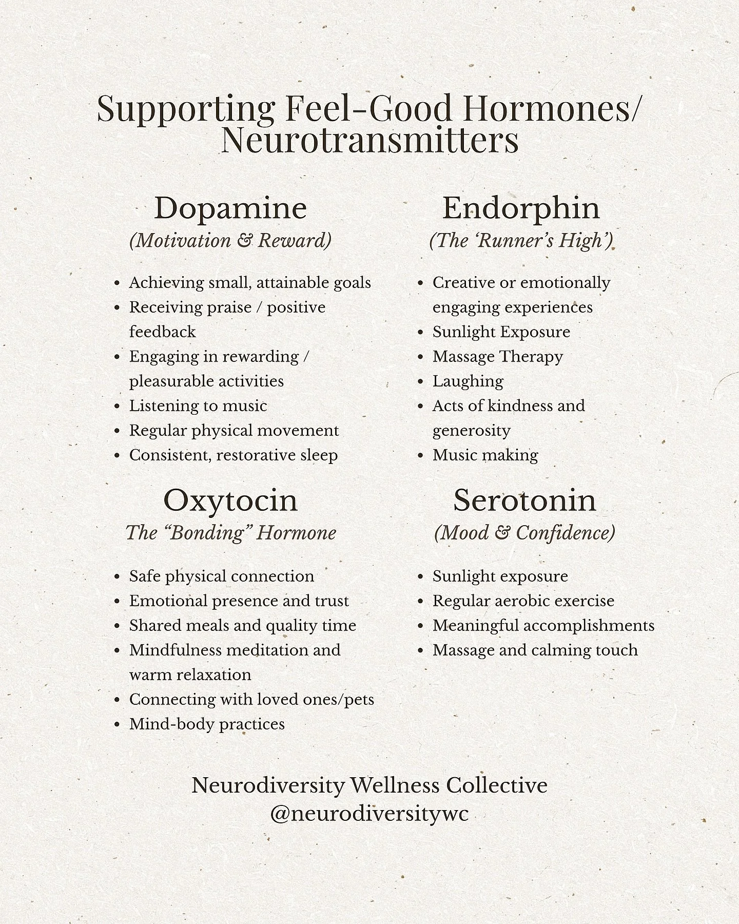 🧠Dopamine, serotonin, oxytocin, and endorphins are some of the hormones/neurotransmitters involved in happiness, motivation, and connection. Small, everyday practices can meaningfully support how these chemicals are released and regulated in the bod