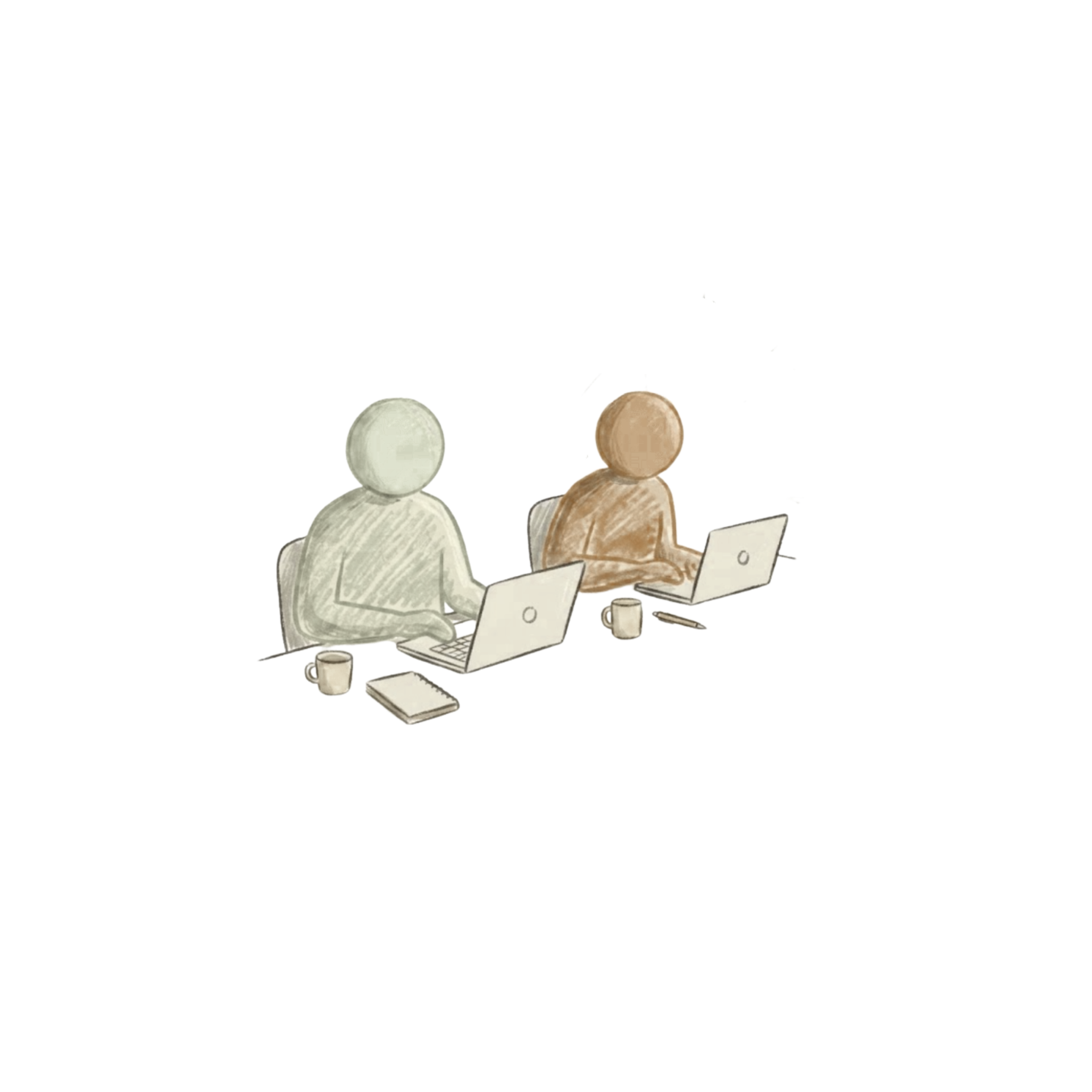 Colored sketch illustration for Neurodiversity Unmasked featuring two faceless figures sitting side-by-side at laptops for ADHD body doubling and virtual co-working.