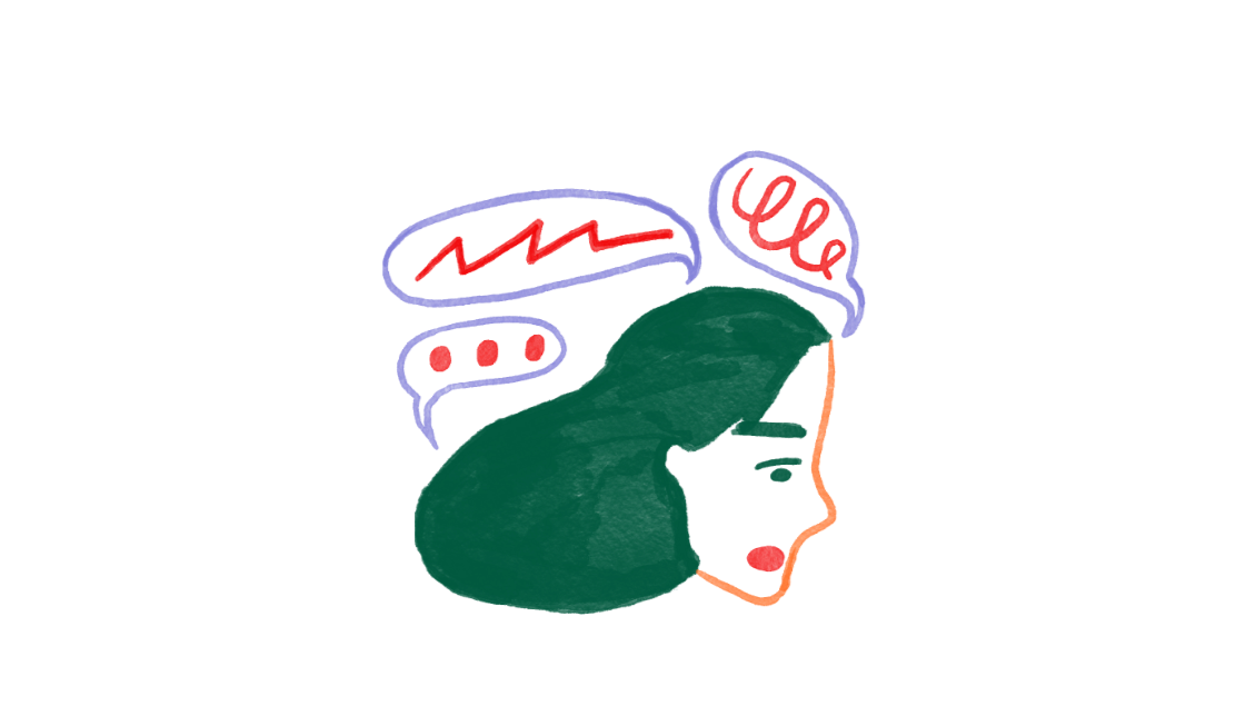 Illustration of a person's profile with speech bubbles containing scribbles, dots, and a jagged line, representing the internal rehearsal and looping thoughts behind scripting in ADHD, autism, and AuDHD.