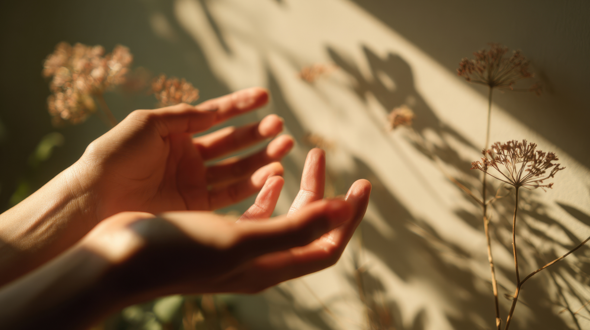 A pair of hands reaching towards dried flowers casting shadows on a wall in warm sunlight.
