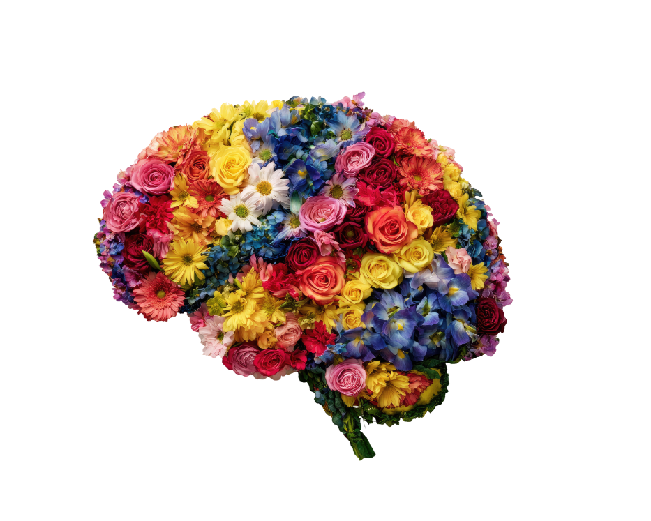 A brain-shaped arrangement of colorful assorted flowers including roses, daisies, and orchids.