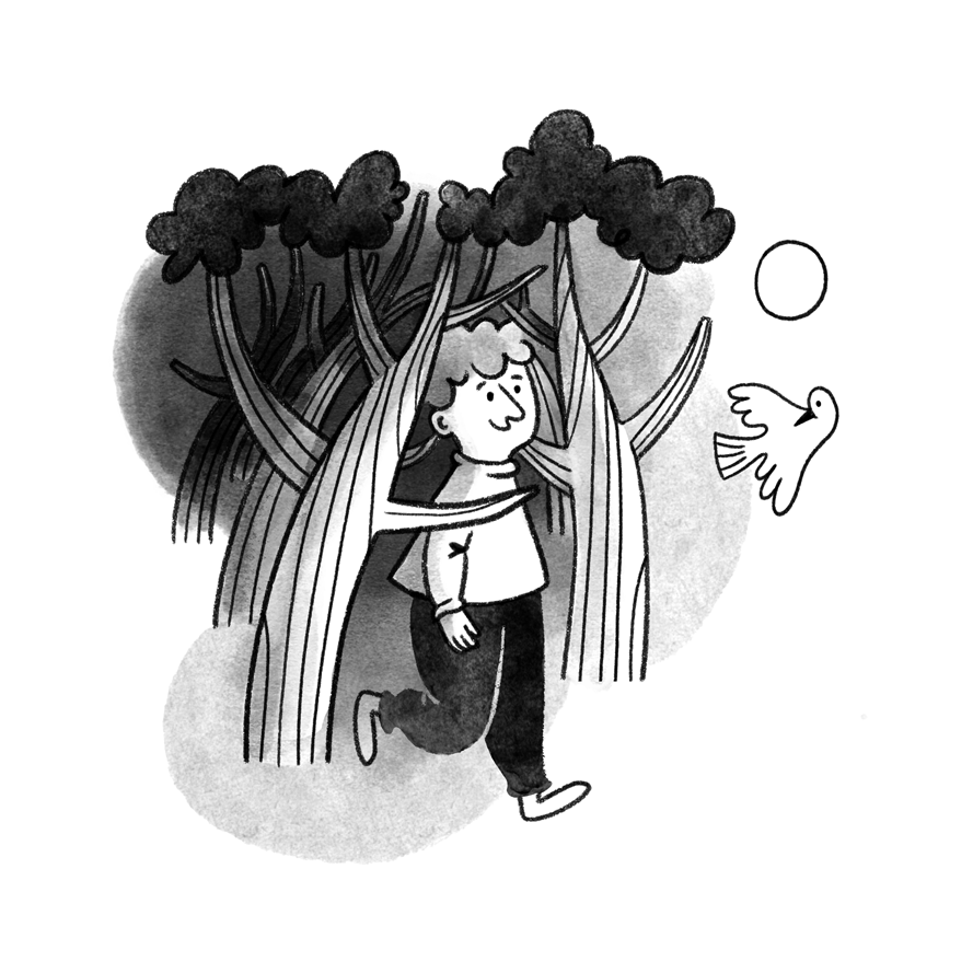 Schwarz-Weiß-Illustration eines glücklichen Mannes, der Richtung Sonne läuft.
