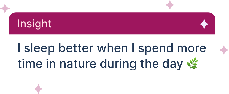Persönliche Erkenntnis als Textfeld, das sagt: 'Insight: Ich schlafe besser, wenn ich tagsüber mehr Zeit in der Natur verbringe' mit einem grünen Blattsymbol.