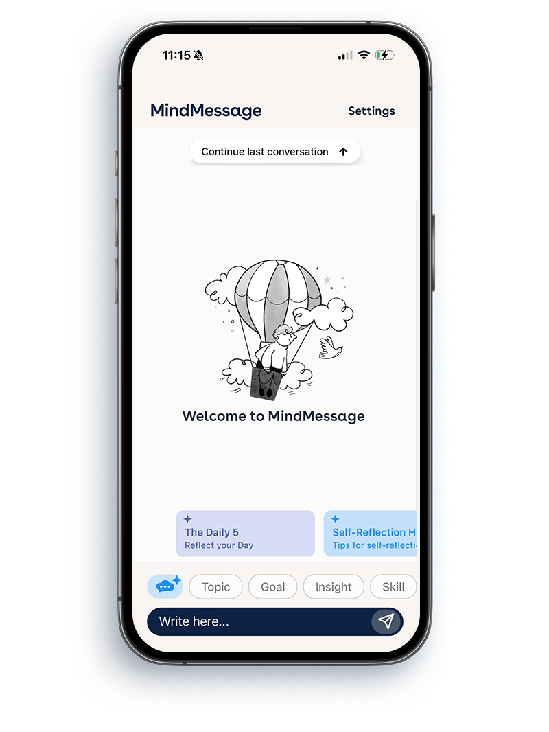Smartphone-Display mit der App MindMessage, Begrüßungsbildschirm mit einer Illustration eines Mannes in einem Heißluftballon, umgeben von Wolken und einem Vogel, und verschiedenen Menüoptionen.