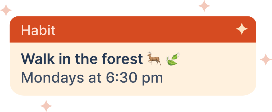 Erinnerung an die Gewohnheit, montags um 18:30 Uhr im Wald zu spazieren, mit Icons eines Rehs und eines Blattes.