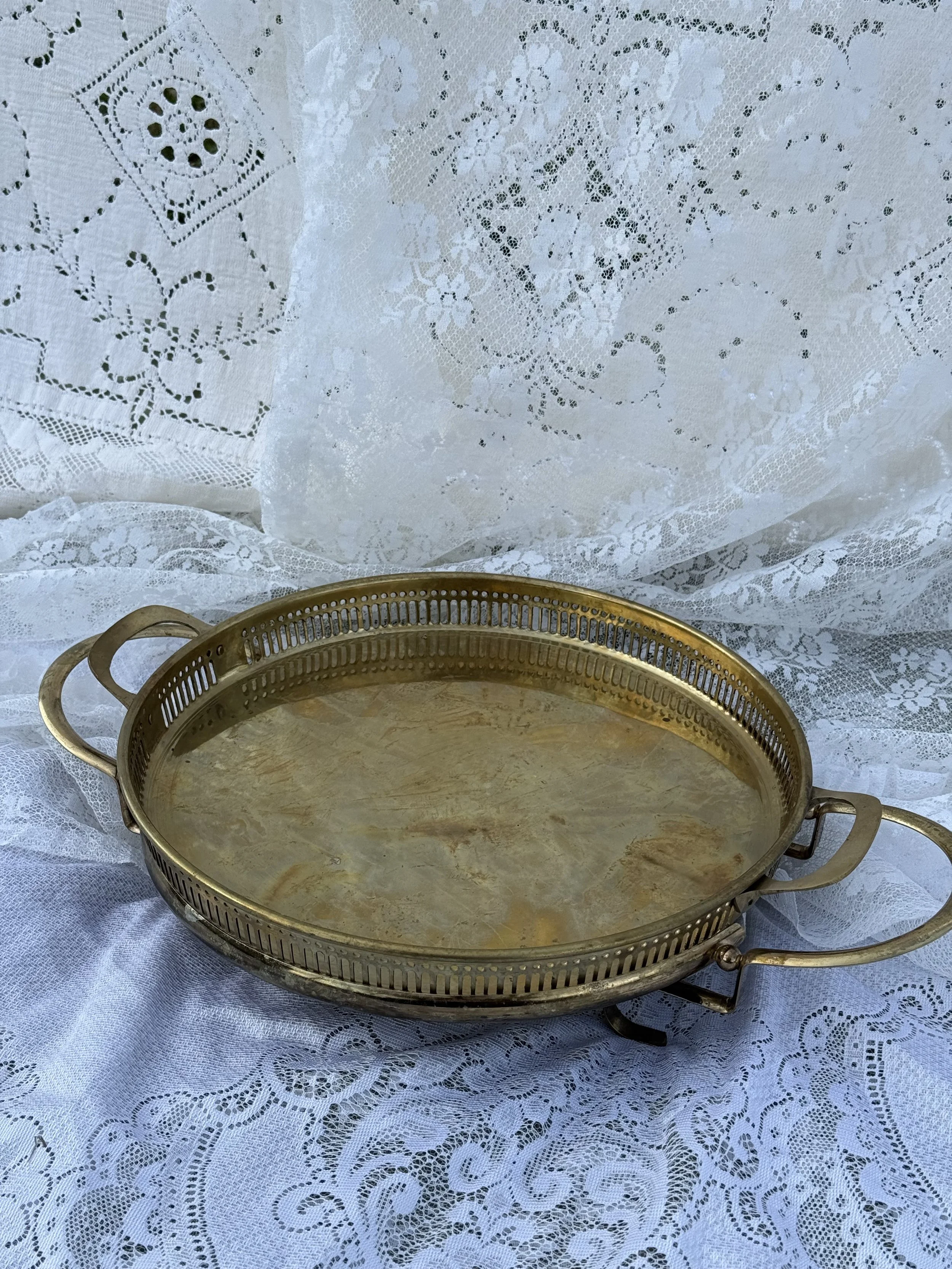 Vintage Brass Serving Tray and Holder