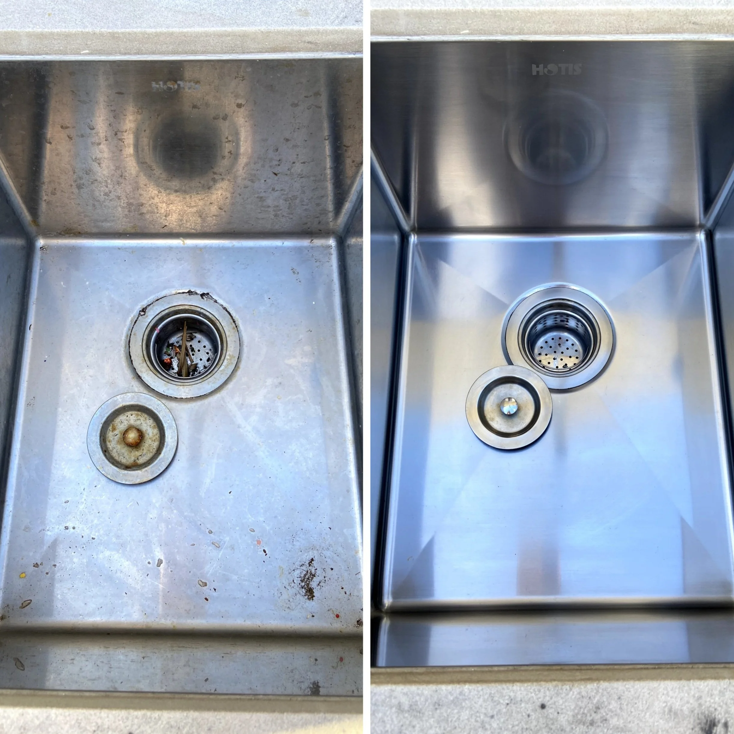 Comparison of a dirty, stained, and greasy kitchen sink on the left with a clean, shiny, and polished stainless steel sink on the right.