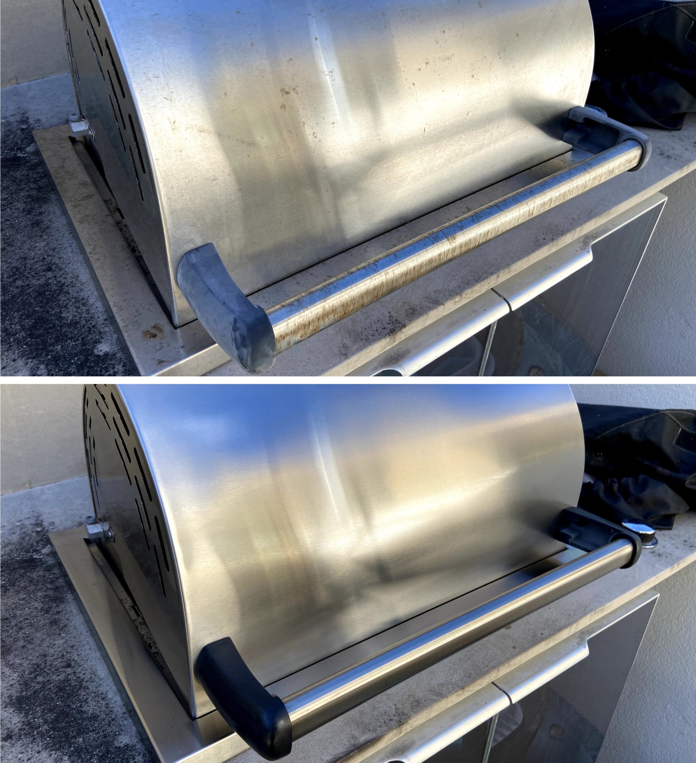 Comparison of a barbecue grill before and after cleaning, showing a dirty rusty grill in the top image and a clean shiny grill in the bottom image.