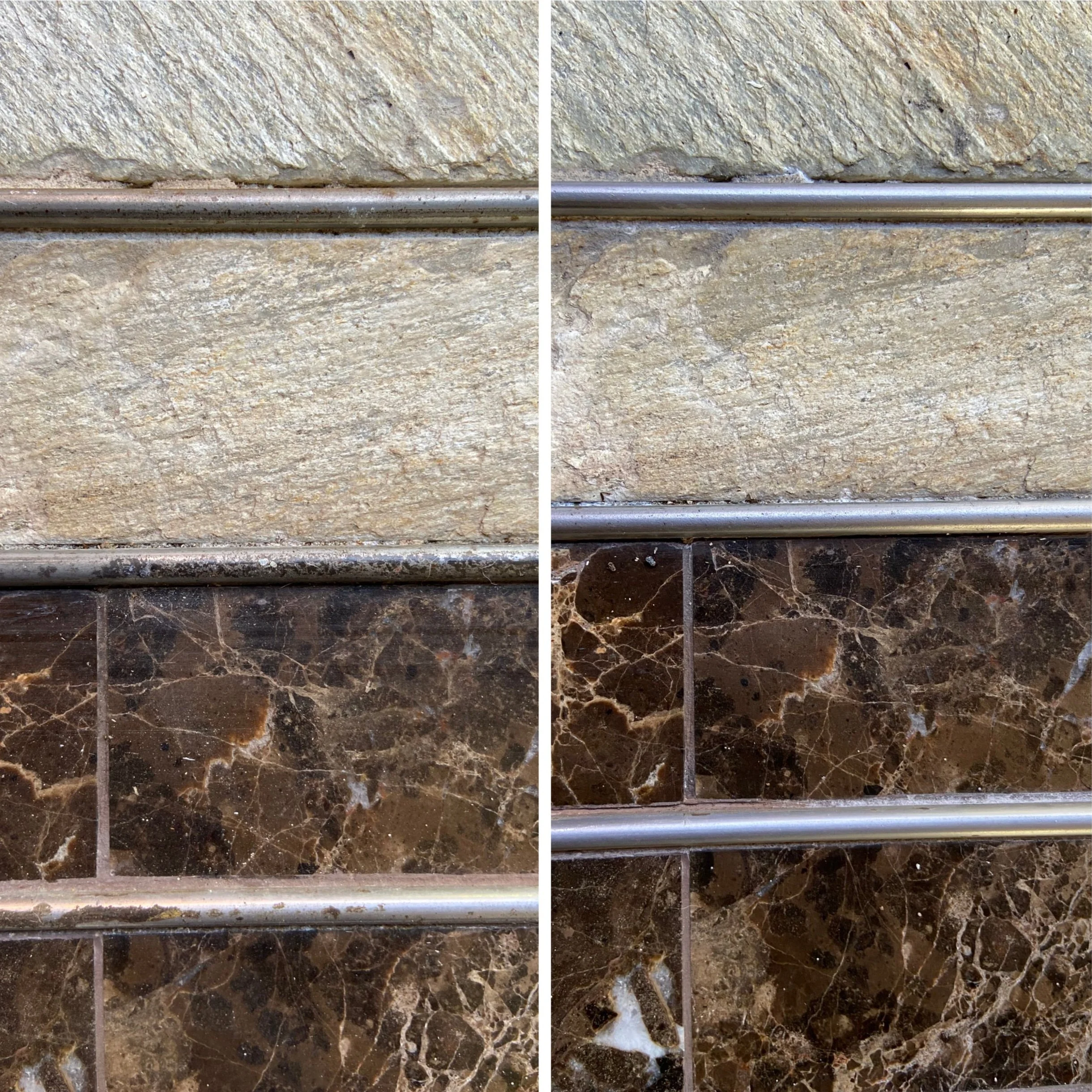 Comparison of two wall sections showing a difference in dirt and cleanliness, with tile and marble floors.