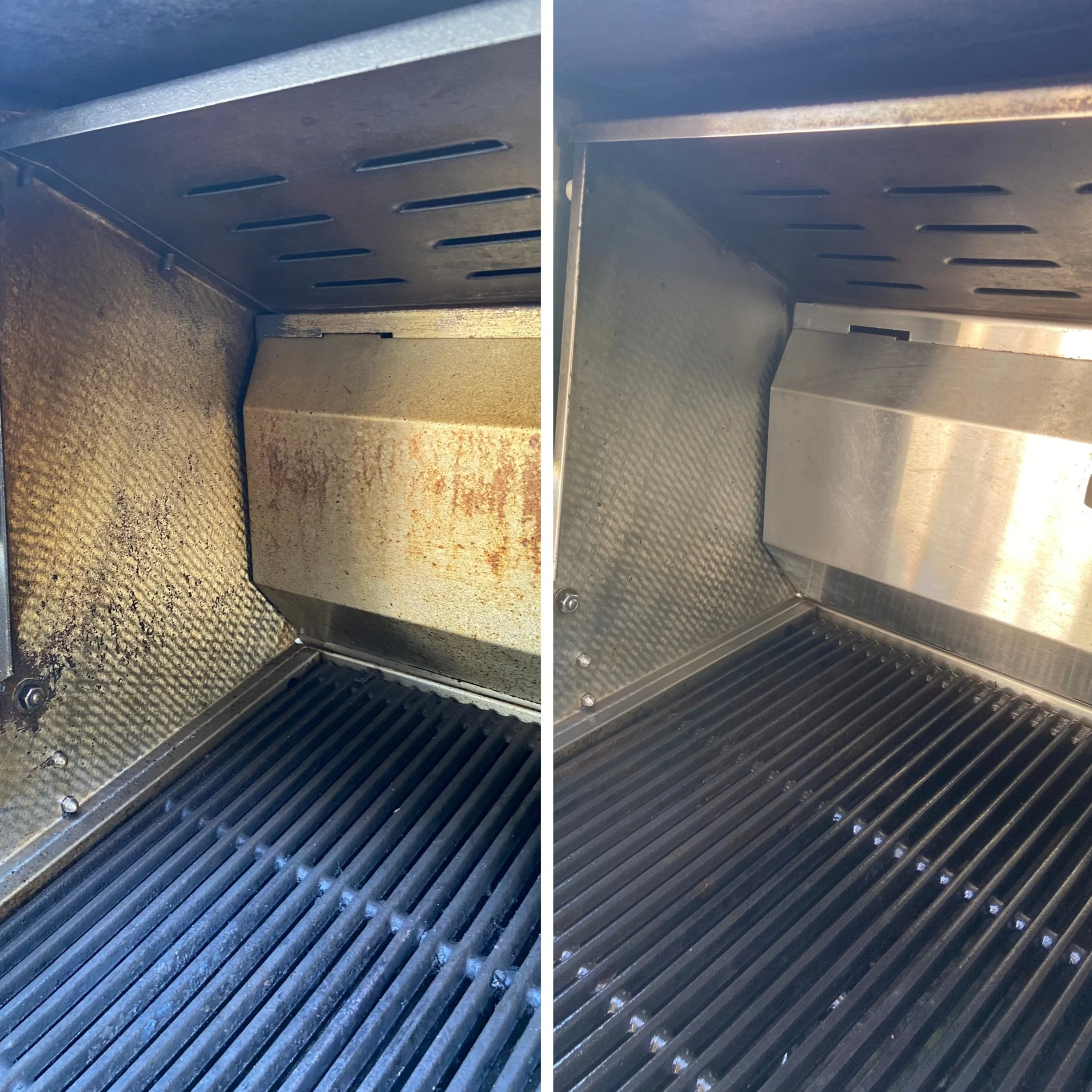 Comparison of the interior of a microwave oven before and after cleaning, showing a dirty, rust-stained interior on the left and a clean, shiny interior on the right.