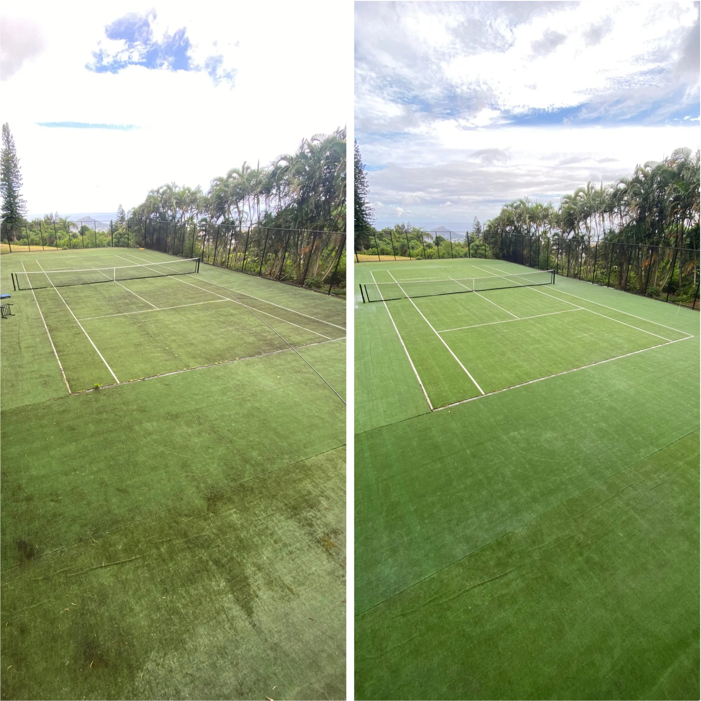 Side-by-side comparison of a tennis court before and after cleaning, with the court on the left showing dirt and staining, and the court on the right appearing freshly cleaned and green.