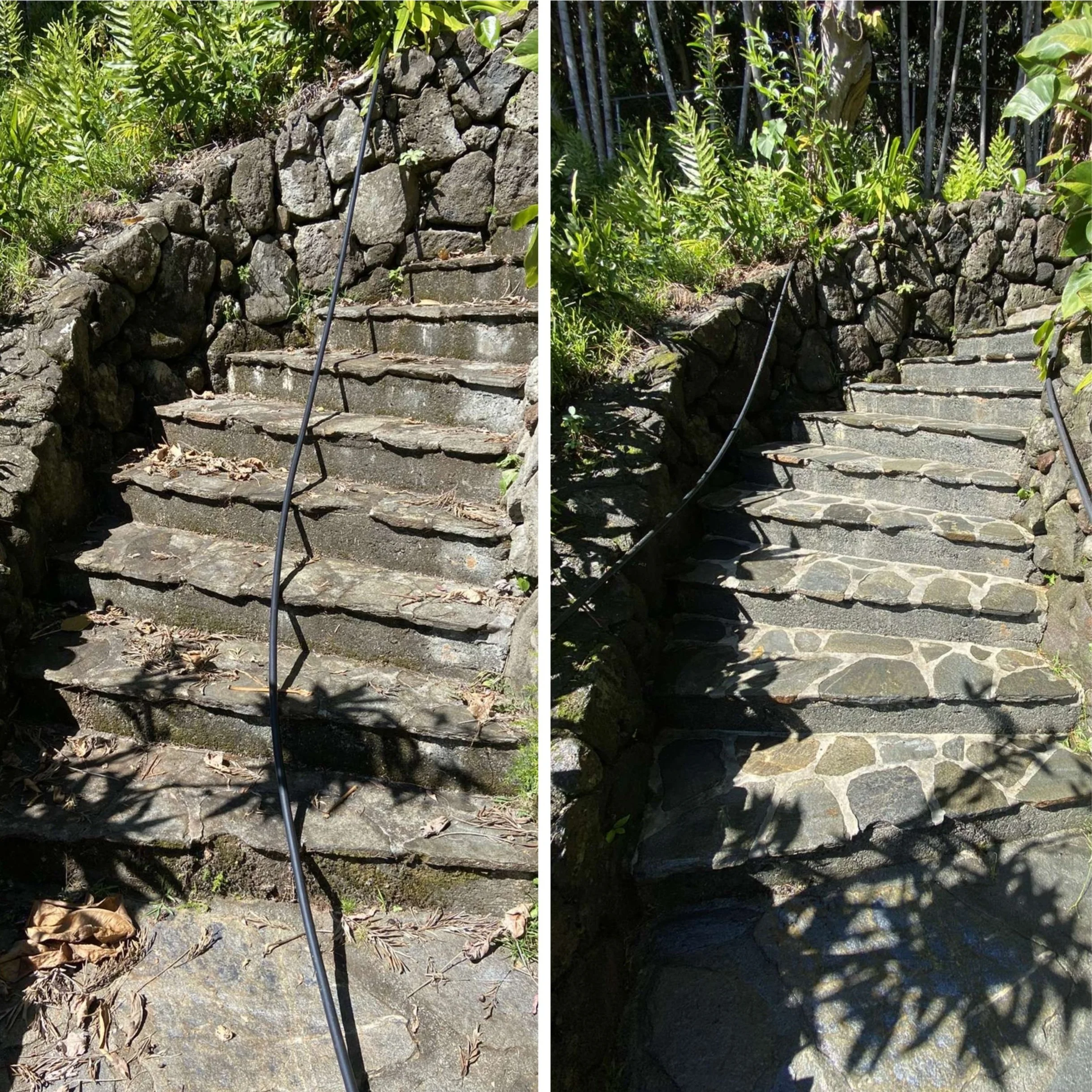 Comparison of two stone staircase paths with stone walls and greenery, showing different weathering and moss growth.