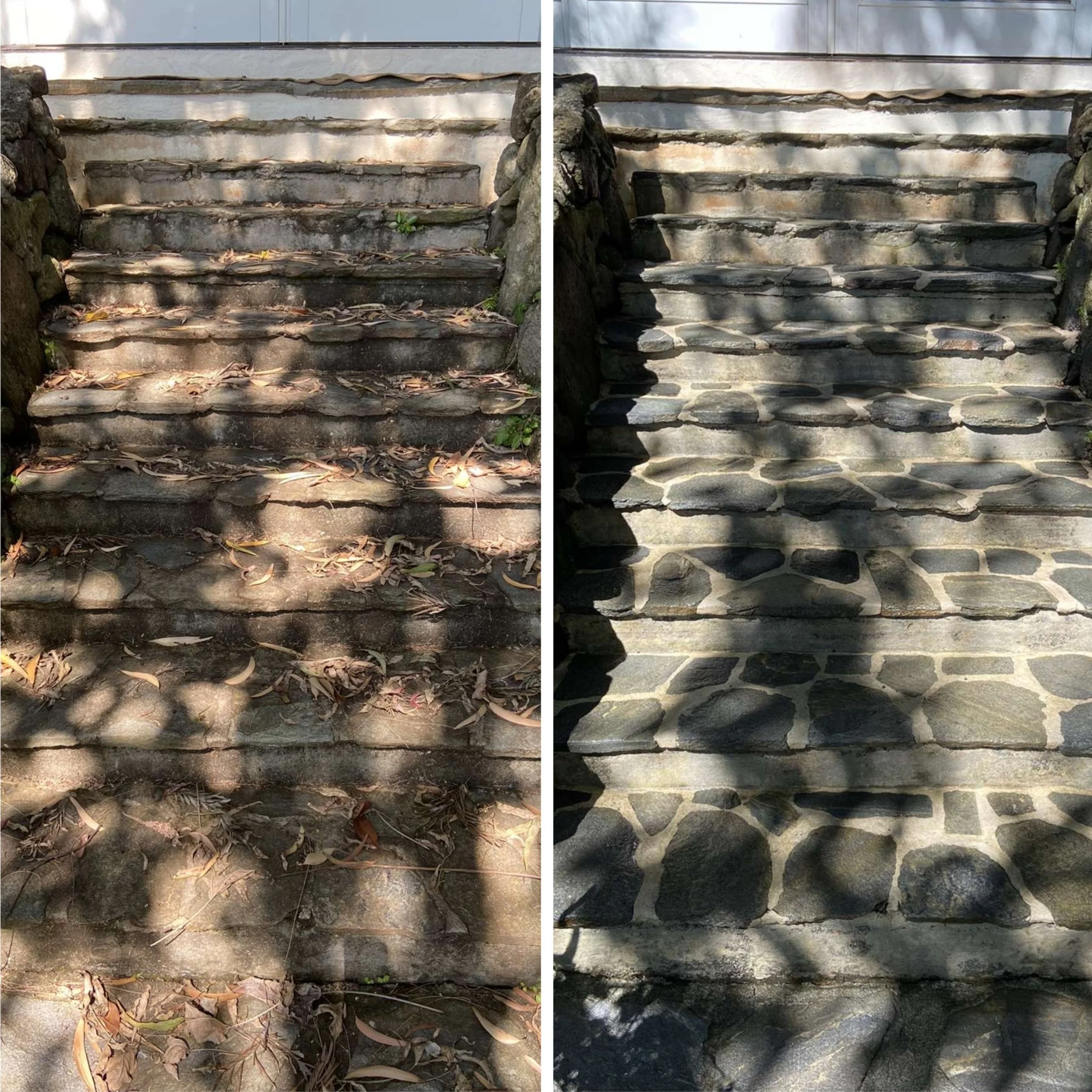 Comparison of two stone staircases; the left staircase is covered with leaves and dirt, while the right staircase has been cleaned and features a neat pattern of stones with shadows cast on it.