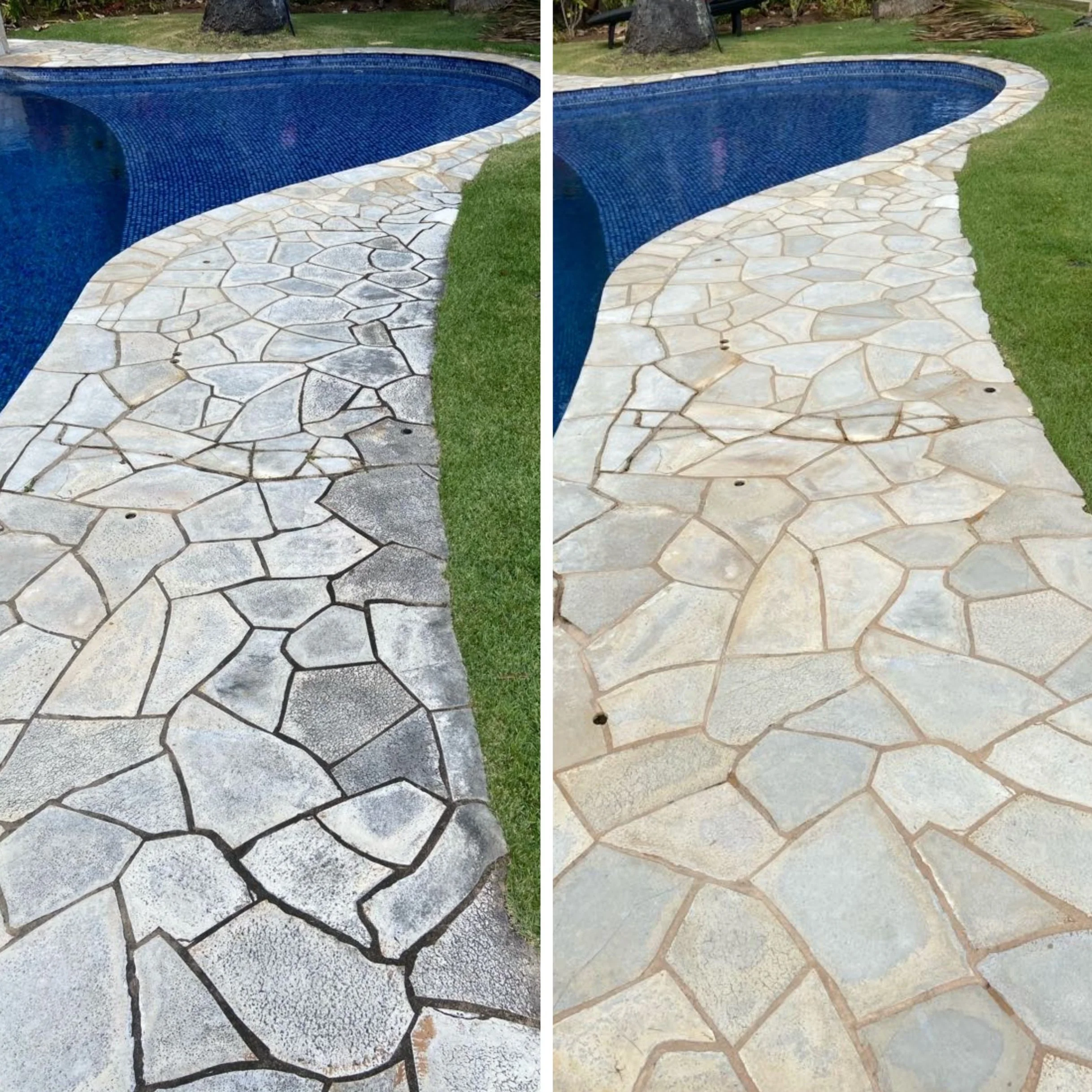 Side-by-side comparison of a stone pathway by a swimming pool. The left side shows the pathway with dark, cracked, weathered stones. The right side shows the same pathway with the stones repaired or replaced, appearing lighter and more evenly colored