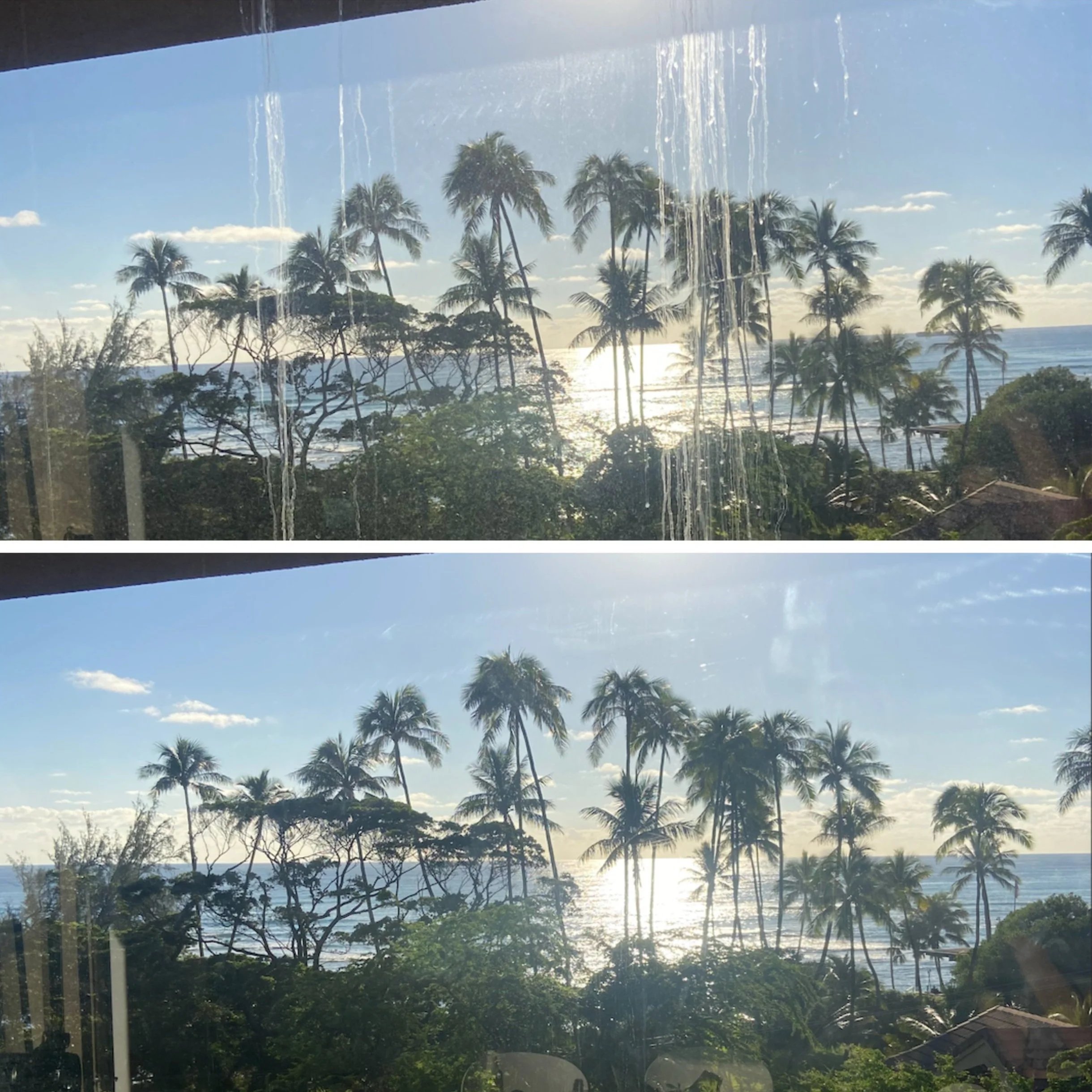 Two photos of a tropical beach view with palm trees, green foliage, ocean waves, and bright sunlight reflecting off the water, taken through a glass window.