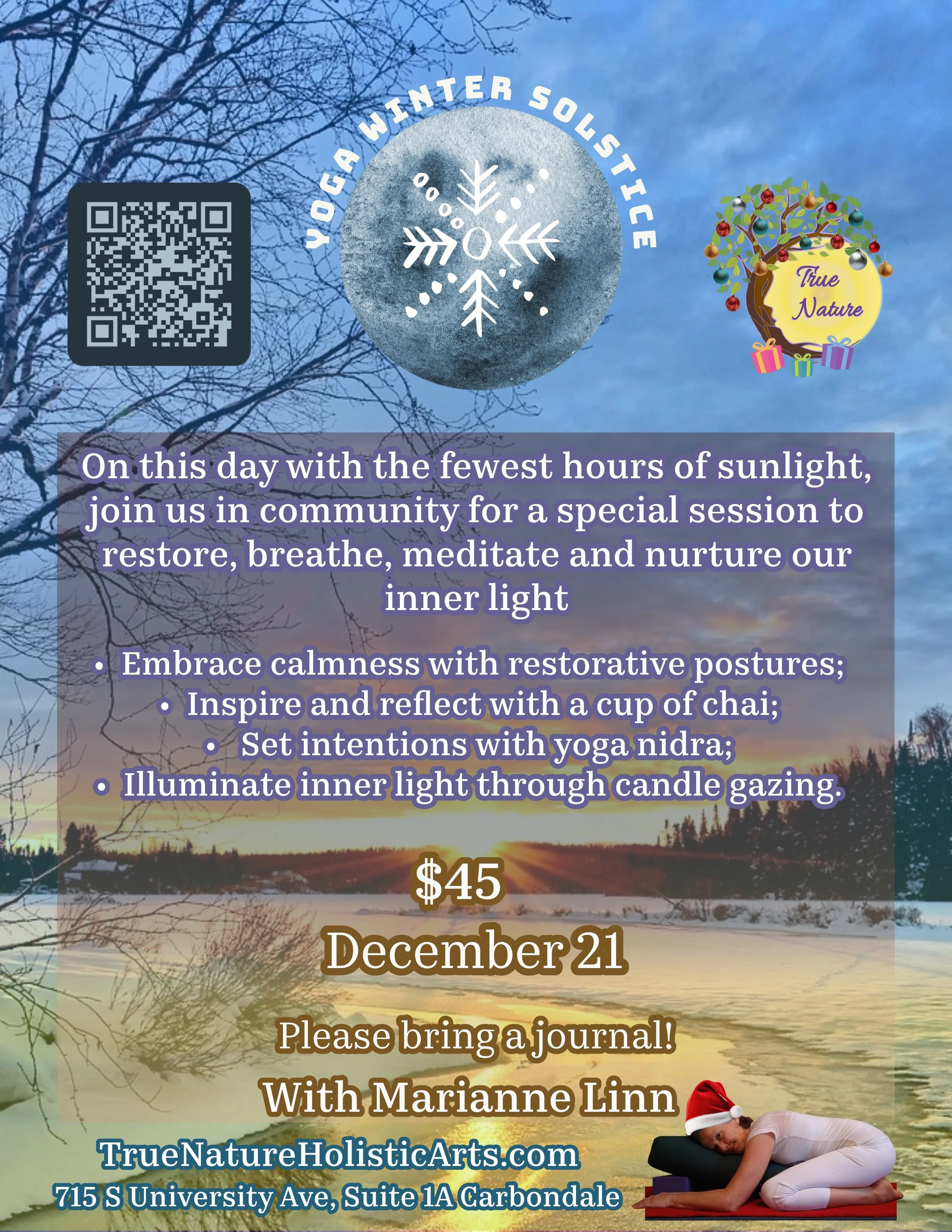 A flyer advertising a community yoga event titled 'Yoga Winter Solstice' on December 21, priced at $45. The background features a winter sunset over a snowy landscape with leafless trees. The flyer includes icons of a QR code, a snowflake, a tree with gifts, and a person doing yoga while wearing a Santa hat. The event encourages meditation, breathing, and candle gazing to nurture inner light, with details about the location and organizer.
