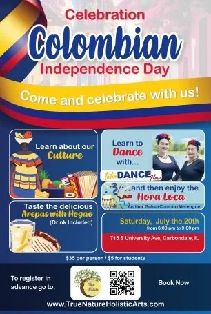 Flyer for Colombian Independence Day celebration with event details, images of dancers, and cultural themes.