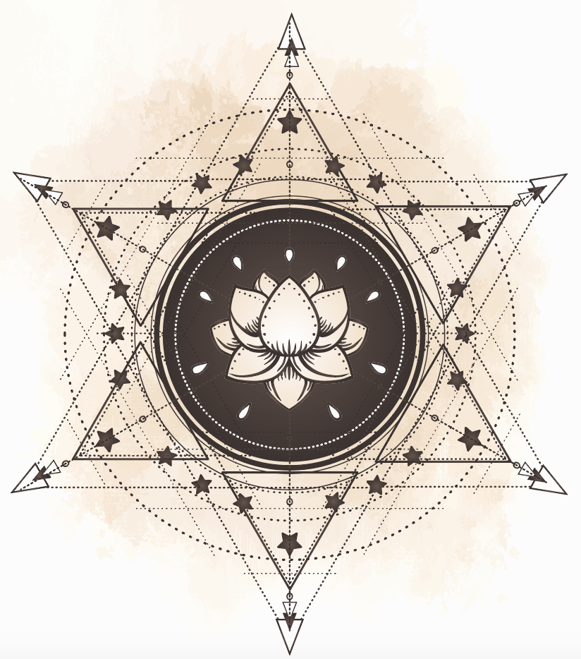 A geometric design with a central lotus flower surrounded by circles, stars, triangles, and dotted lines creating a symmetrical pattern.