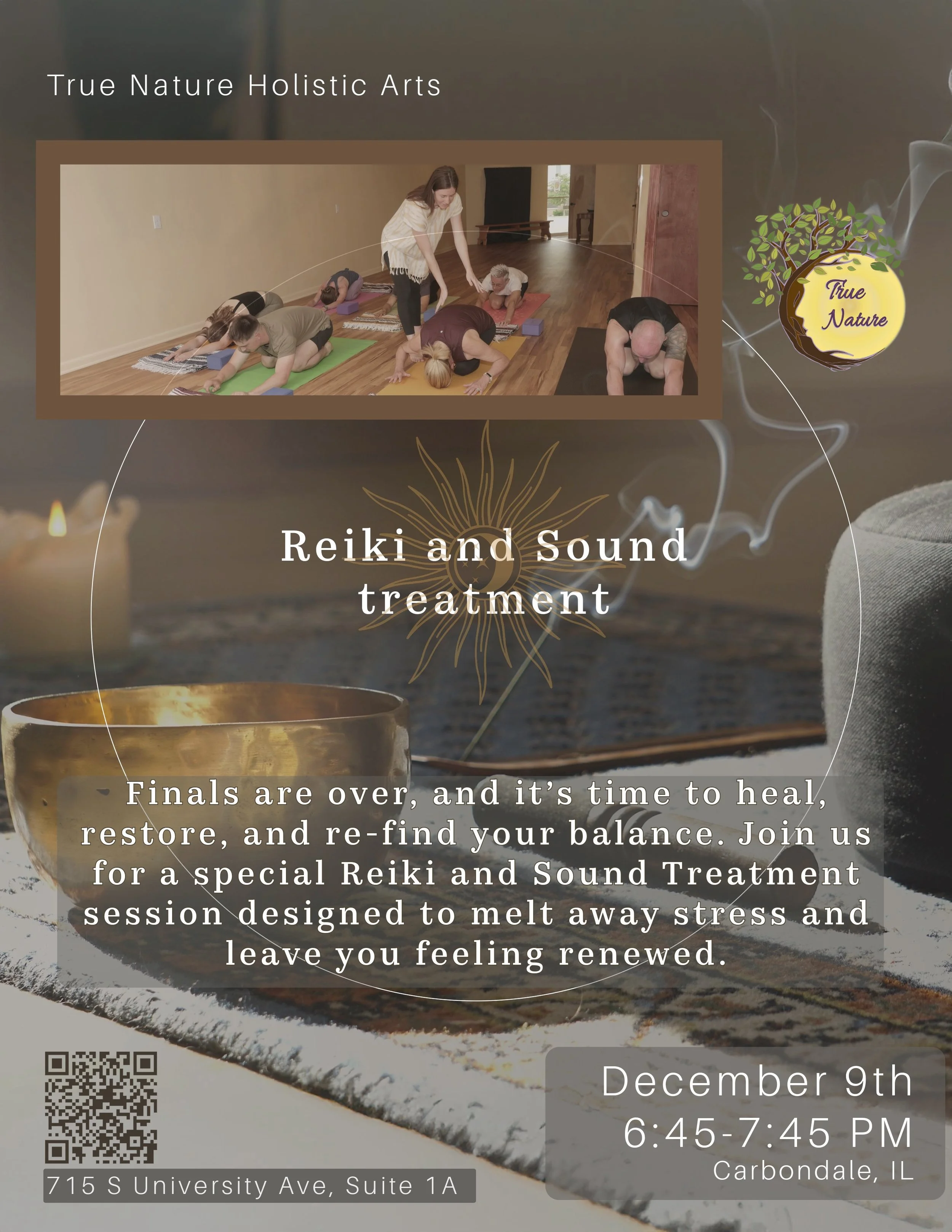 A flyer for a Reiki and sound treatment event featuring a group yoga session and a singing bowl, with text about the event details and location.