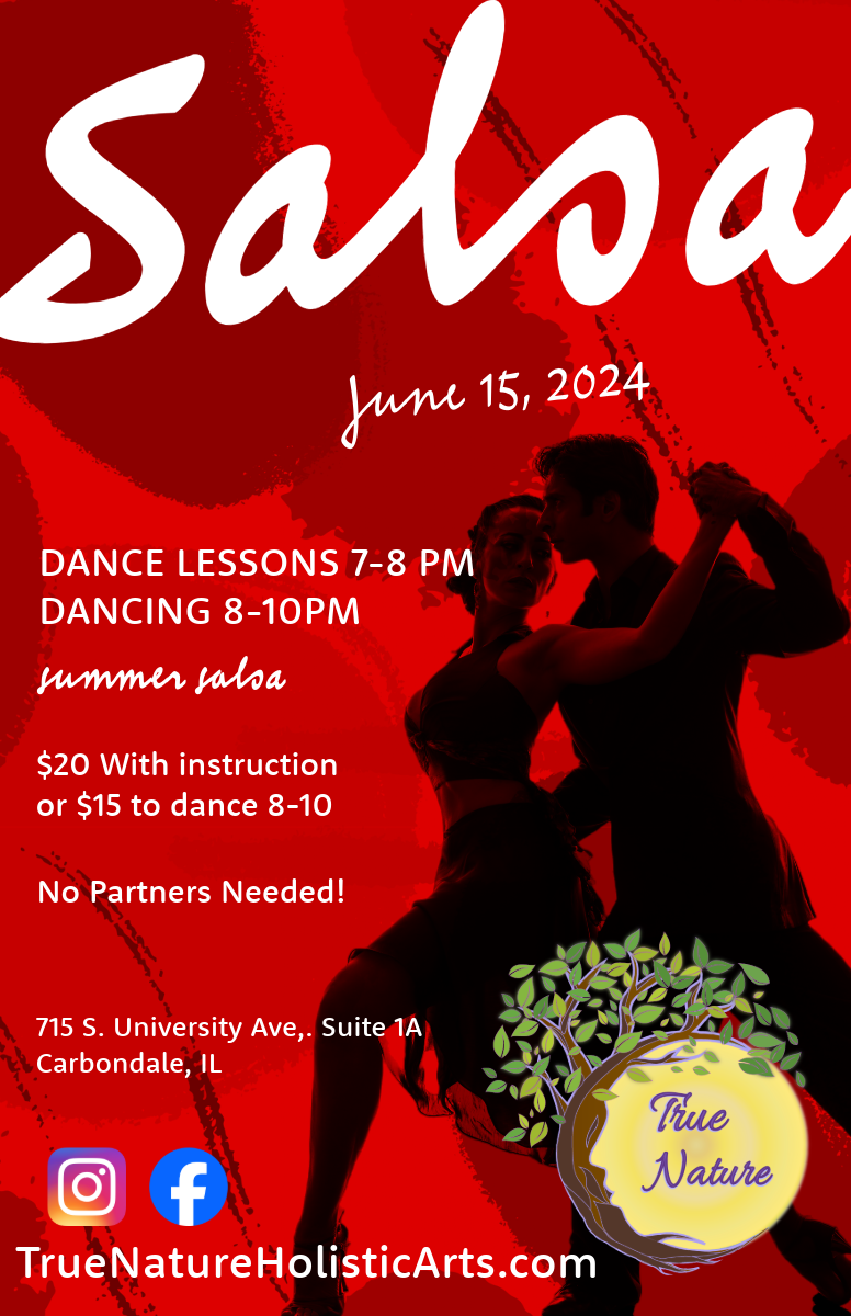 Red promotional poster for salsa dance event on June 15, 2024, featuring a silhouette of a dancing couple, with event details, location, and social media icons at the bottom.