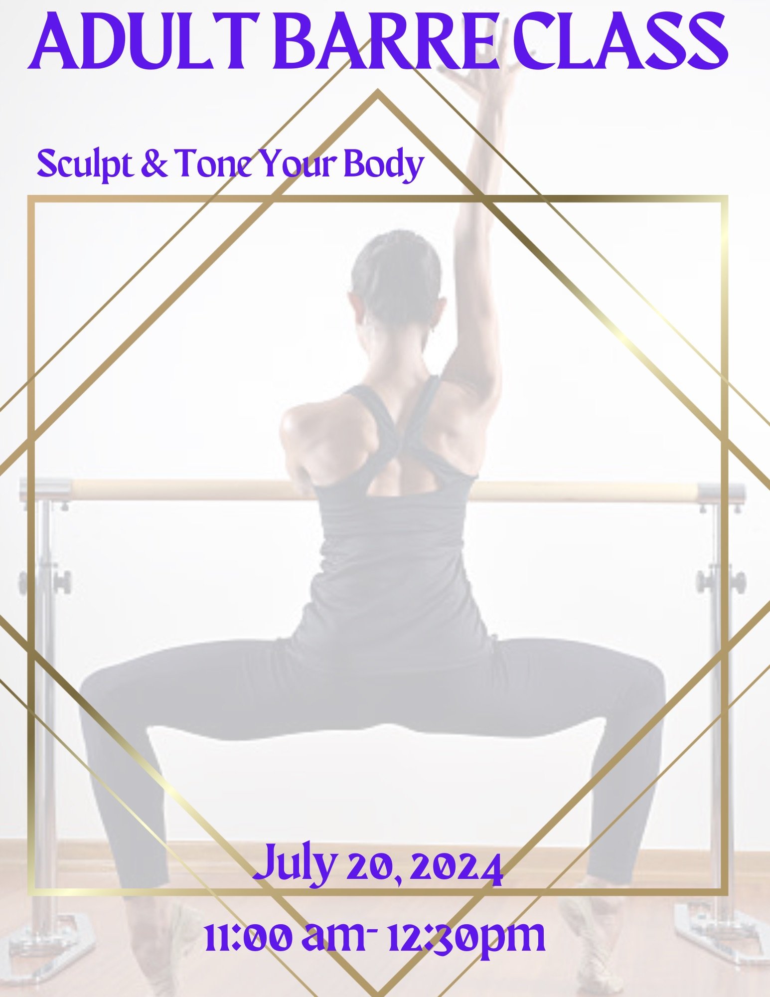 promotional flyer with the figure a woman doing some exercise with the dance barre