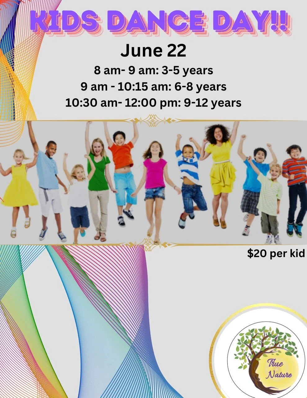 Poster for Kids Dance Day event on June 22 with age-specific time slots, featuring children dancing and celebrating, and information about cost and organizer.