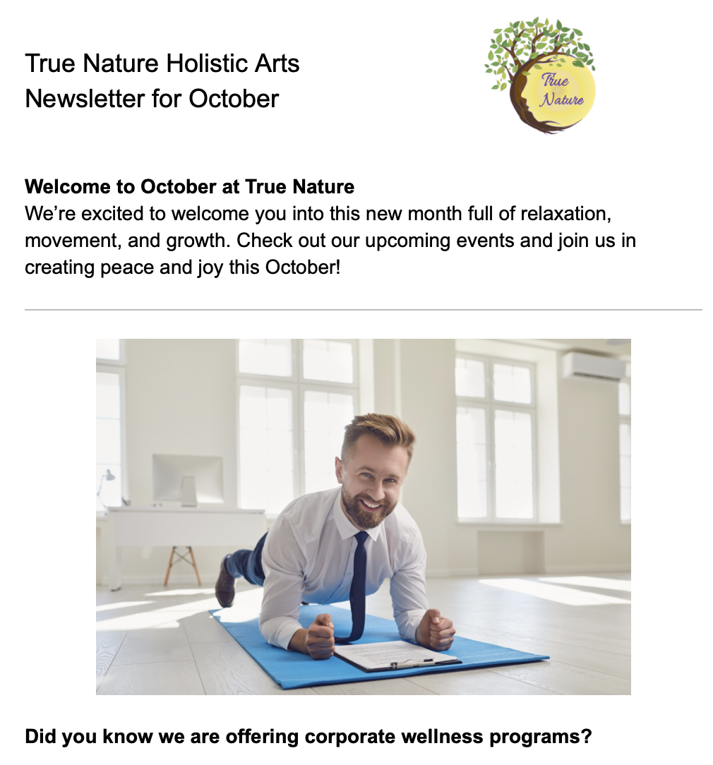 Newsletter for October, showing the events and deals