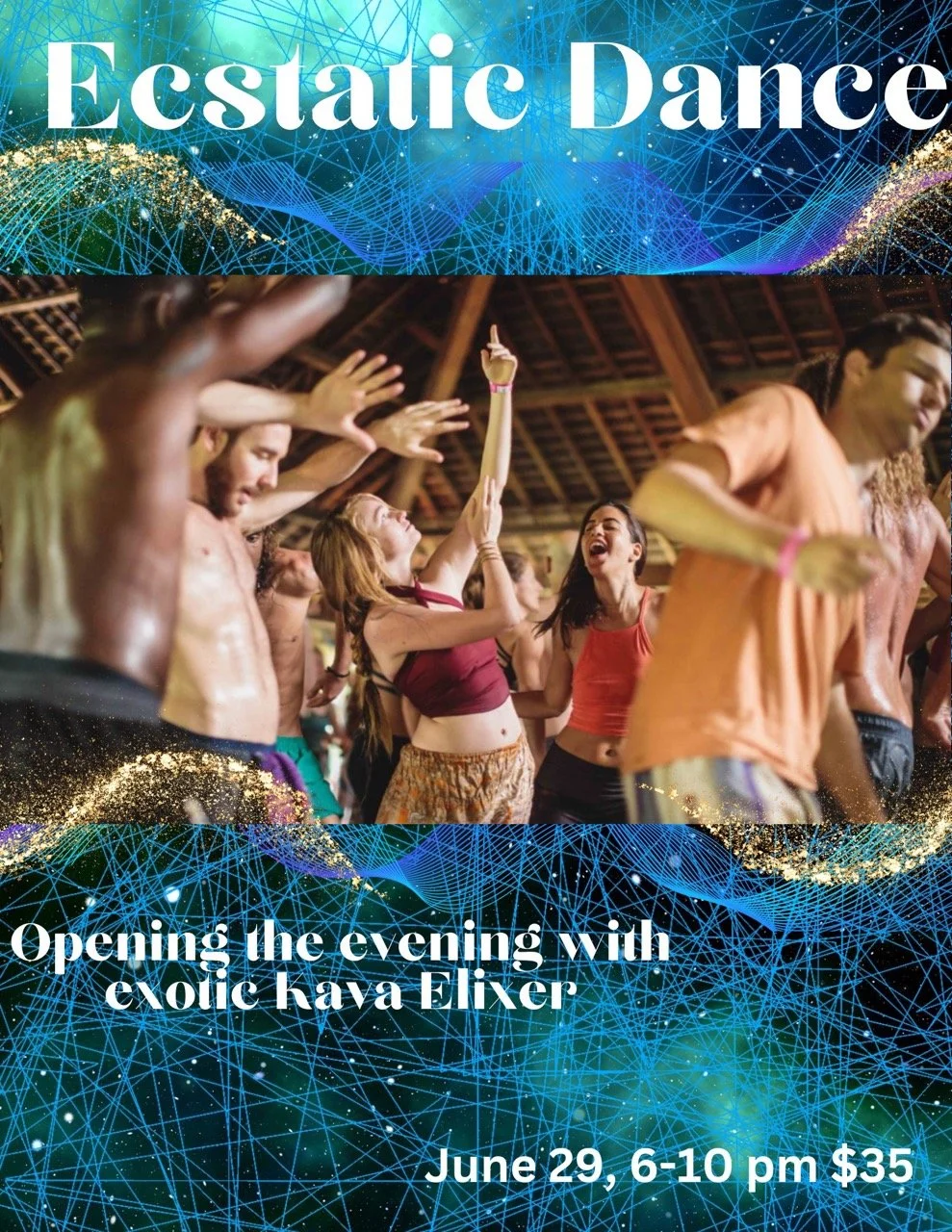 Promotional image of people dancing in the background offering the event for ecstatic dance