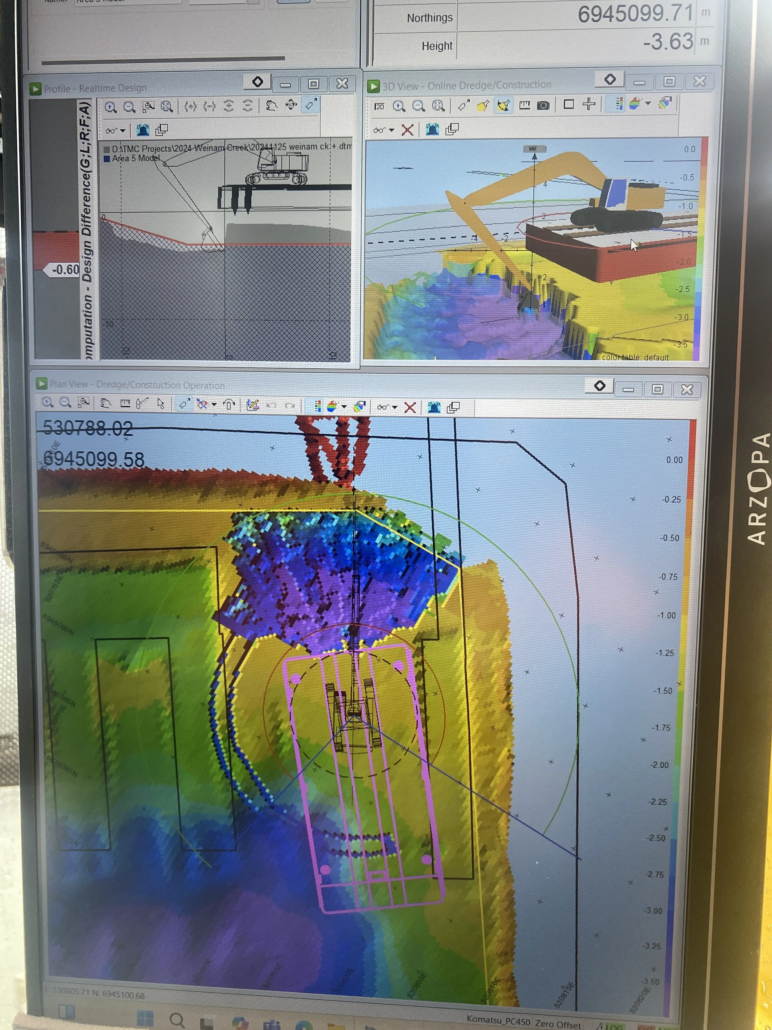 In cab display of the dredging head used in its cutter mode. 3D accurately plots the depth and position of the material being removed.