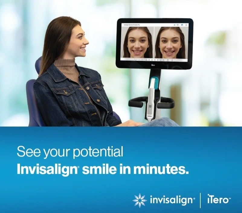 Woman sitting in a chair looking at a monitor that displays two images of her smiling, with a blue section of text below promoting Invisalign teeth whitening.