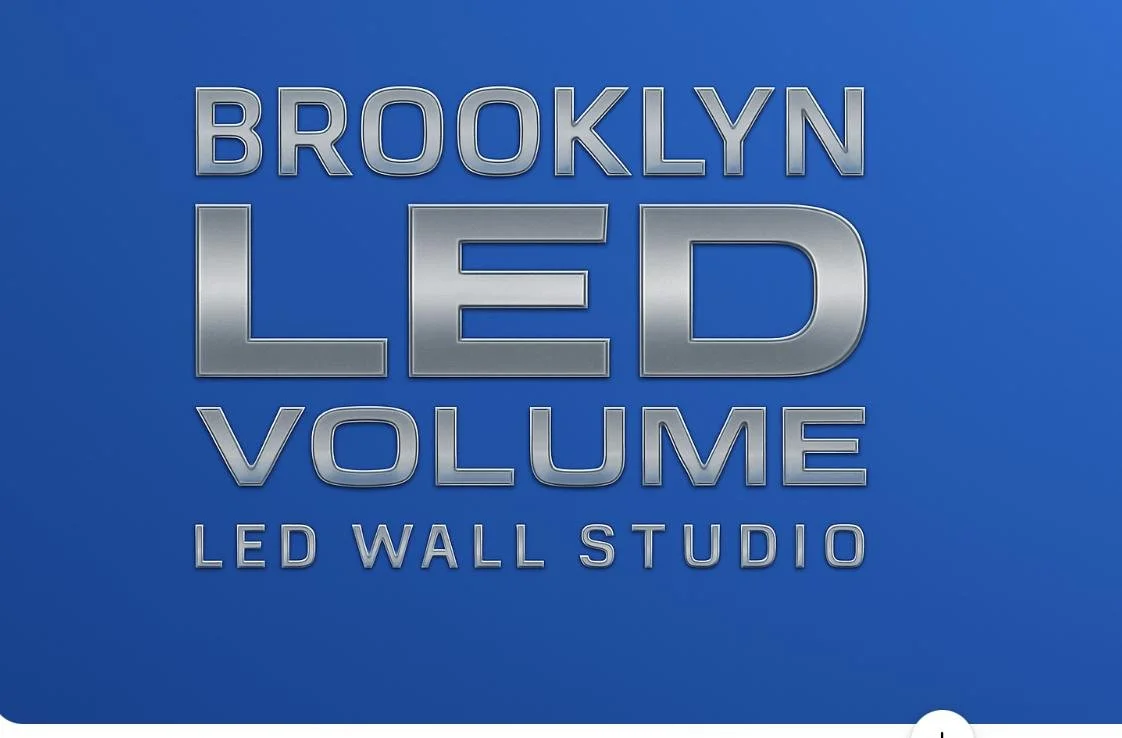 Blue background with large metallic silver text reading 'Brooklyn LED Volume' and smaller text below saying 'LED Wall Studio'.