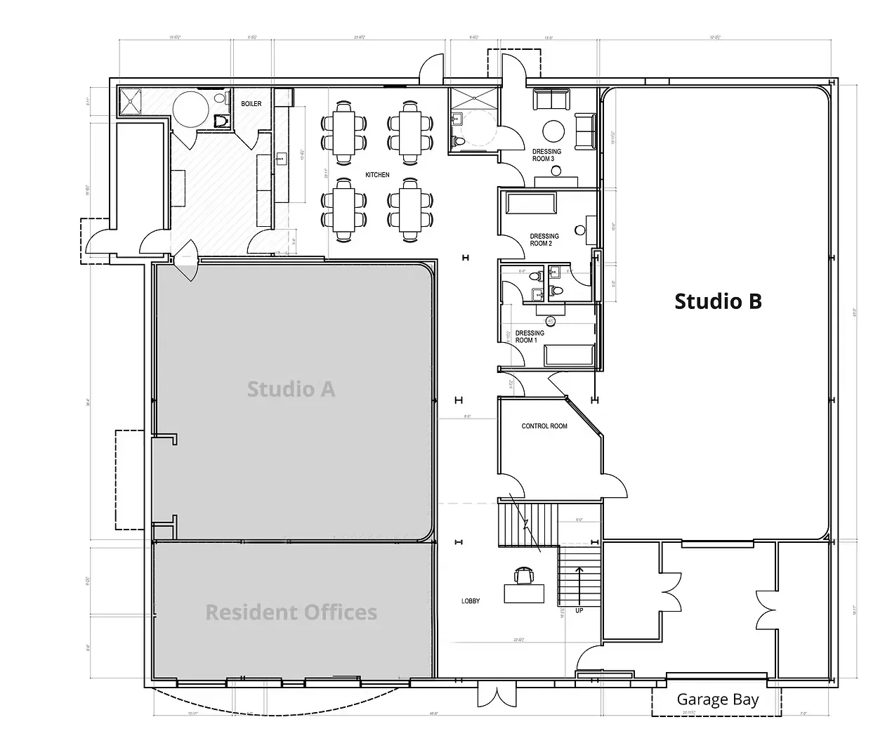 Floor plan of Jersey Victory Studios showing Studio A, Studio B, dressing rooms, kitchen, control room, lobby, and garage bay access.