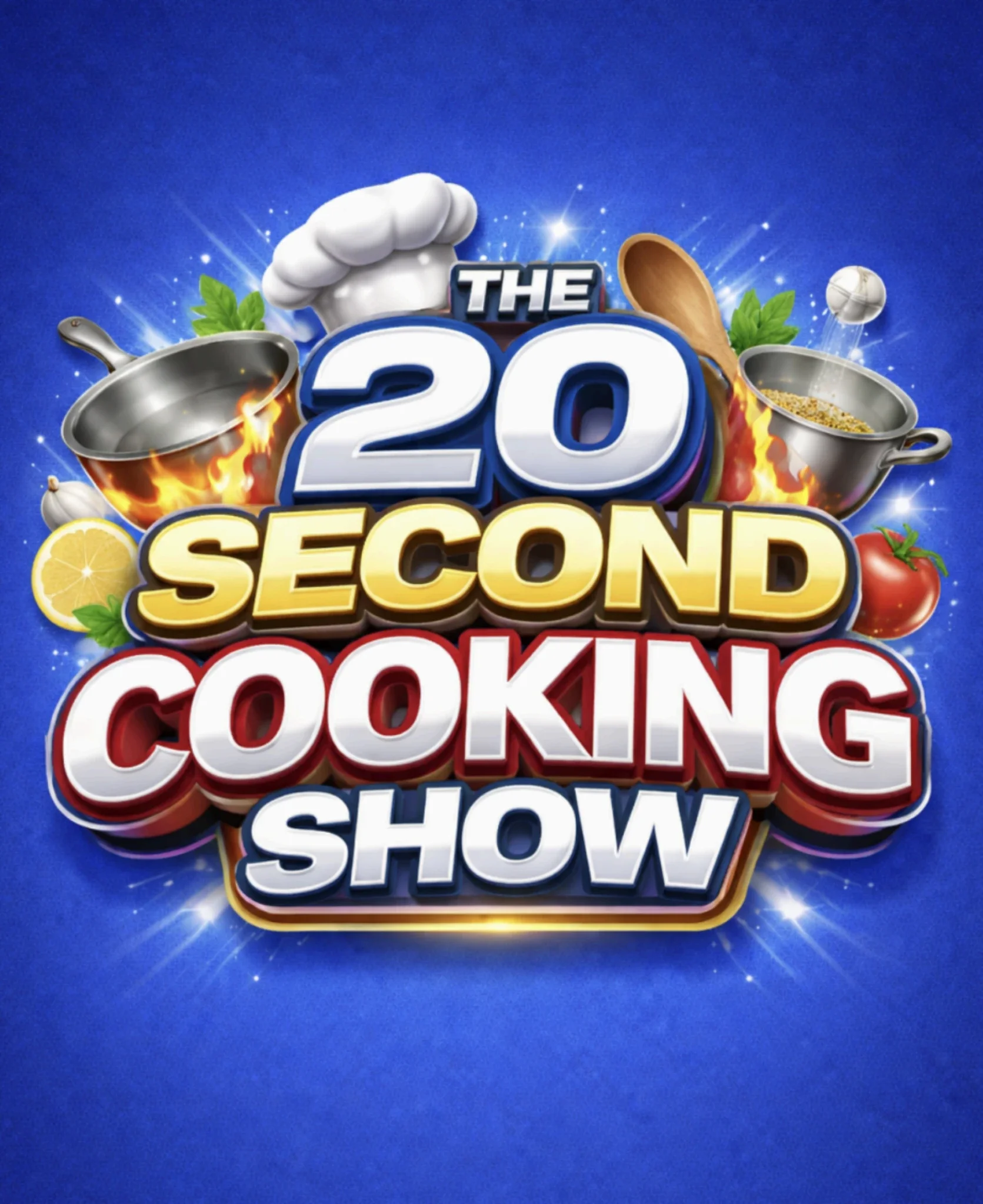 Logo for 'The 20 Second Cooking Show' with cooking utensils, ingredients, and a chef's hat on a blue background.