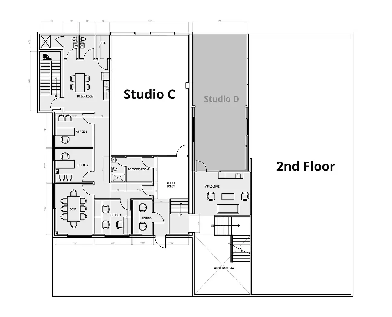 Second-floor plan of Jersey Victory Studios showing Studio C white cyclorama, dressing room, conference room, offices, editing suite, and VIP lounge.