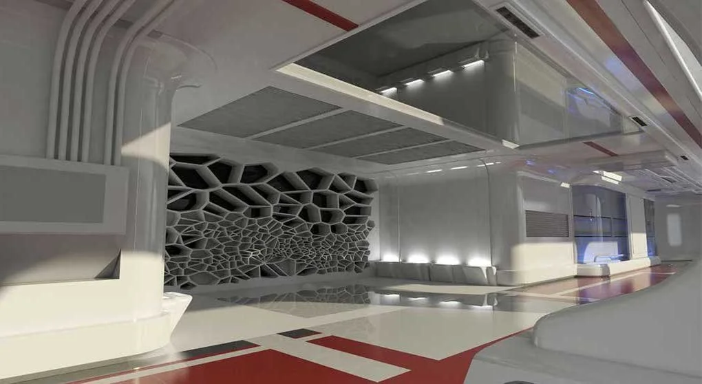 A sleek, high-tech spaceship corridor with angular wall panels, LED-lit consoles, reflective flooring, and overhead ambient lighting, infusing the scene with futuristic depth and structure.