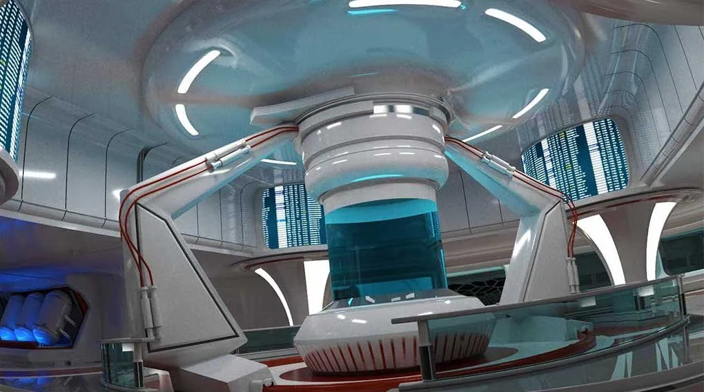 A polished sci‑fi control room with glossy metal surfaces, LED-lit consoles, a central holographic core, and detailed machinery, all bathed in cool neon tones for a high-tech ambiance.