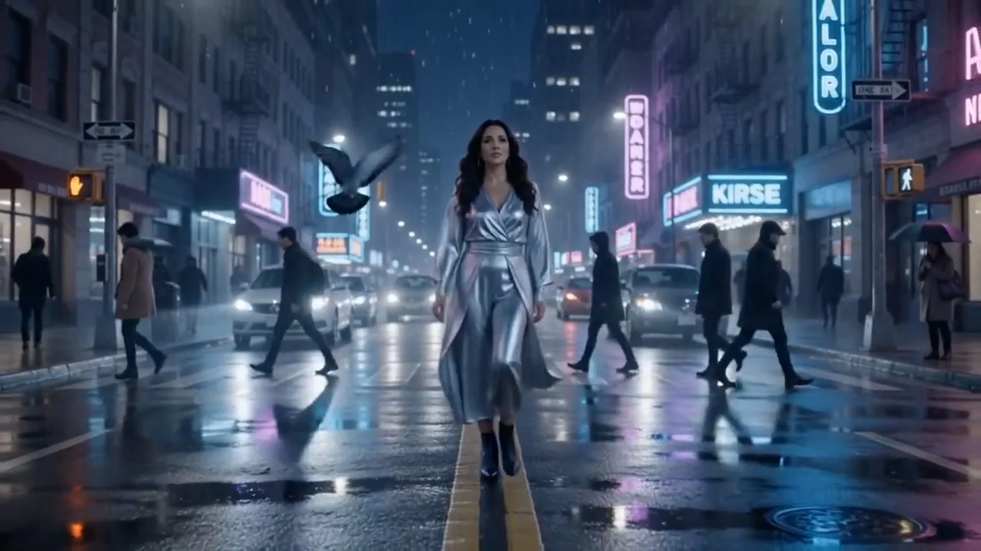 A woman in a shiny silver dress walking across a rain-soaked city street at night, with neon signs, cars, pedestrians, and a pigeon flying overhead.