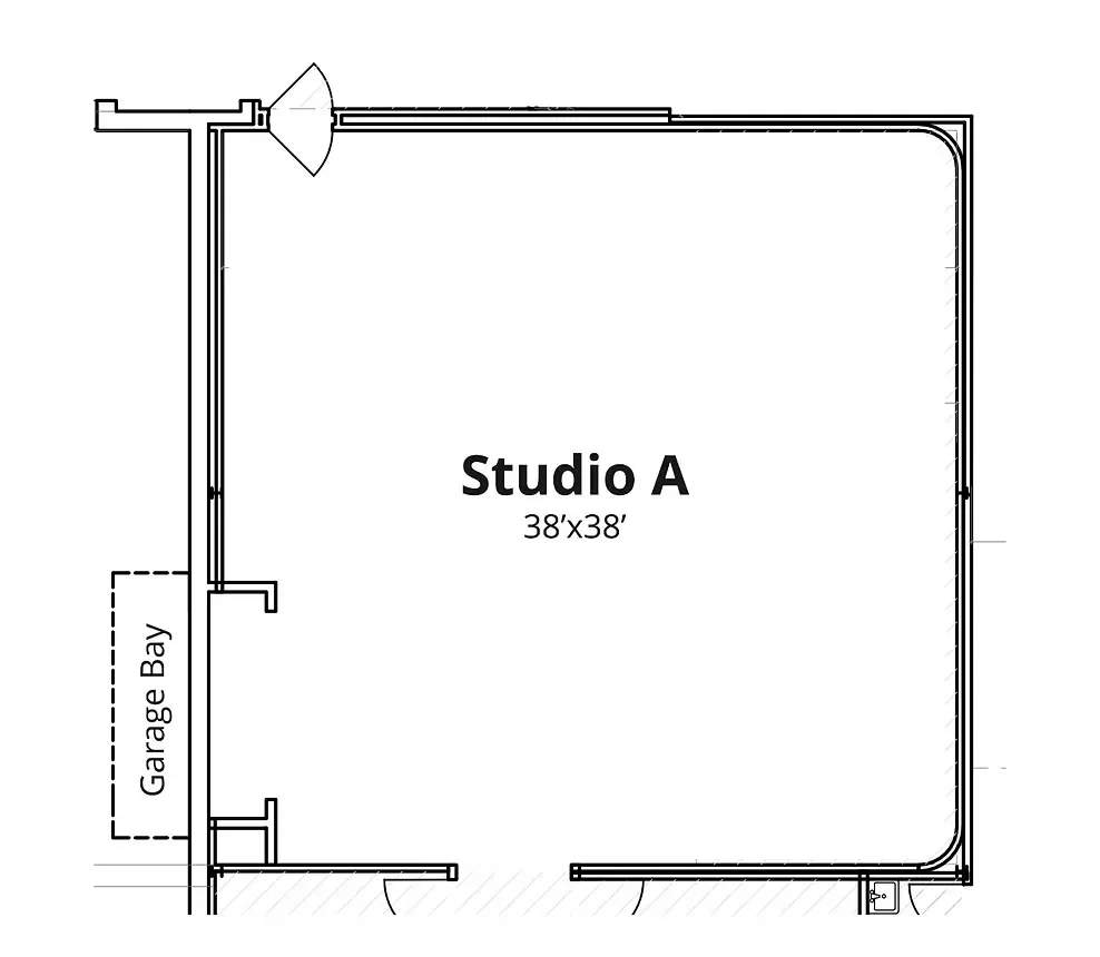 Studio A floor plan showing a 38-by-38-foot green screen cyclorama with curved corner and direct garage bay access at Jersey Victory Studios.
