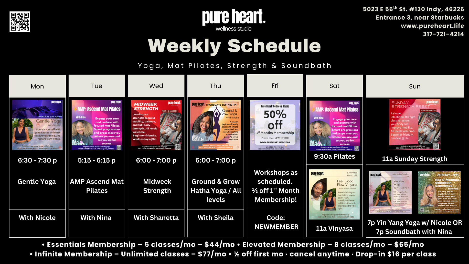 Weekly schedule at Pure Heart Wellness Studio displaying class times and descriptions from Monday to Sunday, including yoga, Pilates, strength, and soundbath sessions with images of instructorsTeaching classes, with promotional discount details and membership pricing information.