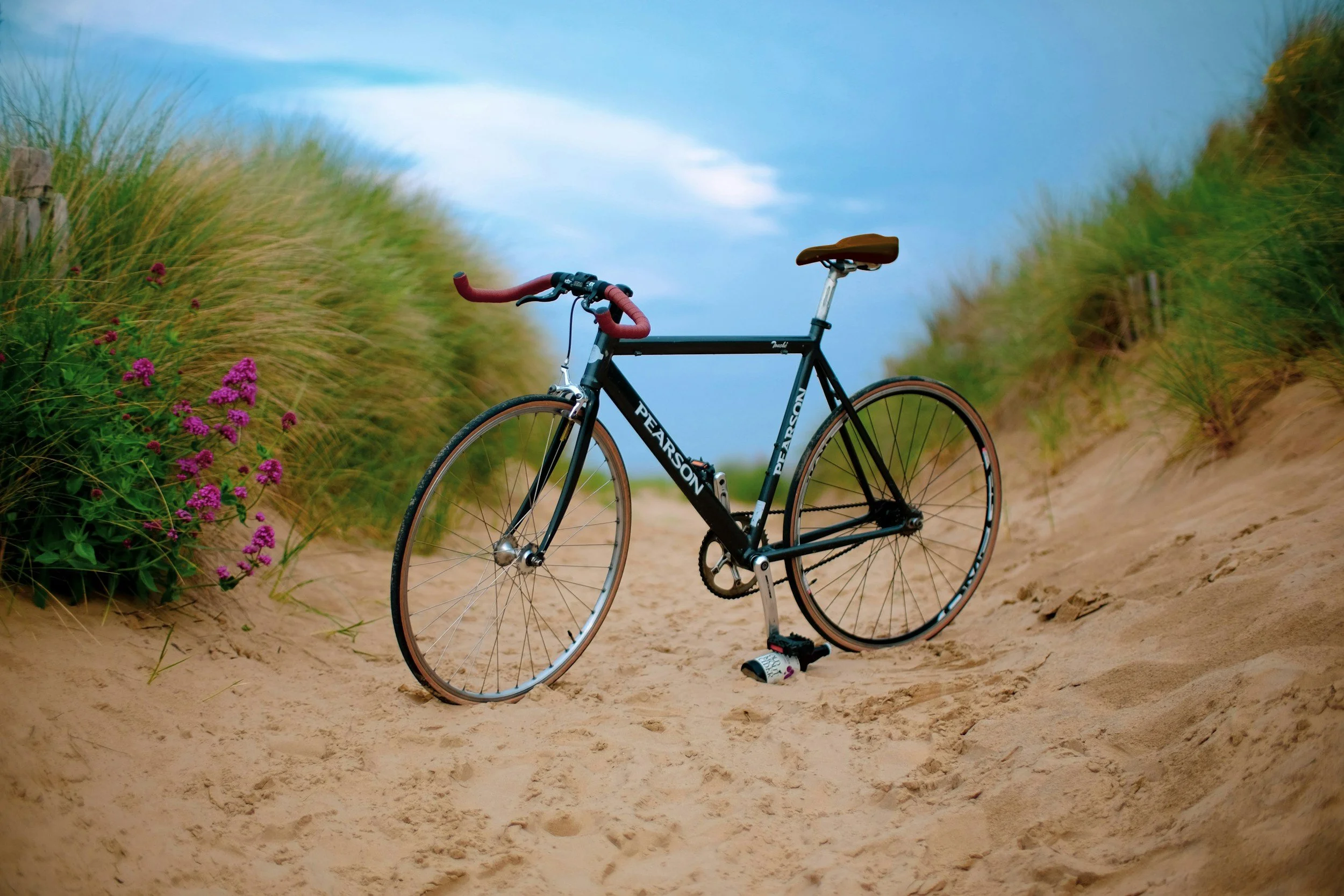 A black road bike with red handlebars and brown saddle parked on a sandy trail between green dunes with pink flowers, under a partly cloudy sky.