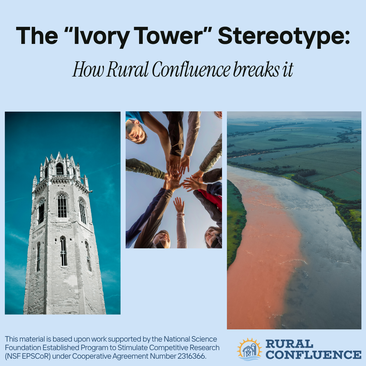 Title slide of a presentation titled 'The Ivroy Tower Stereotype: How Rural Confluence breaks it'. It includes images of a historic tower, a group of diverse people joining hands, and an aerial view of a river and rural landscape. The footer mentions