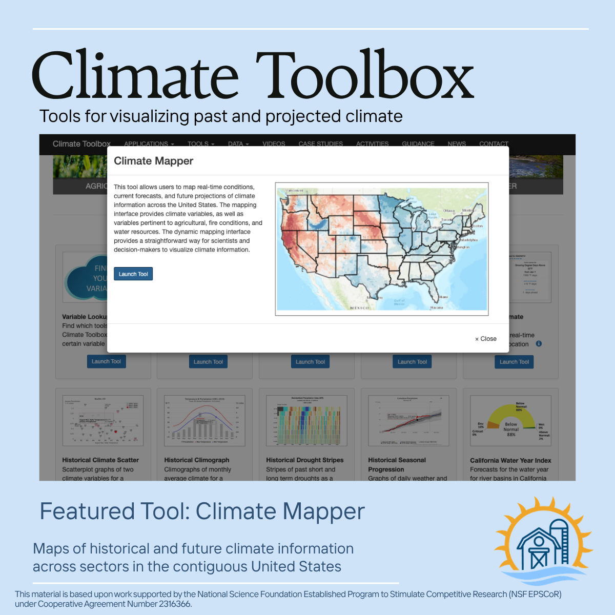 A webpage titled 'Climate Toolbox' with tools for visualizing past and projected climate data in the United States. Features a pop-up window showing the 'Climate Mapper' with a map of the U.S. displaying climate variables in red and blue shades. The 