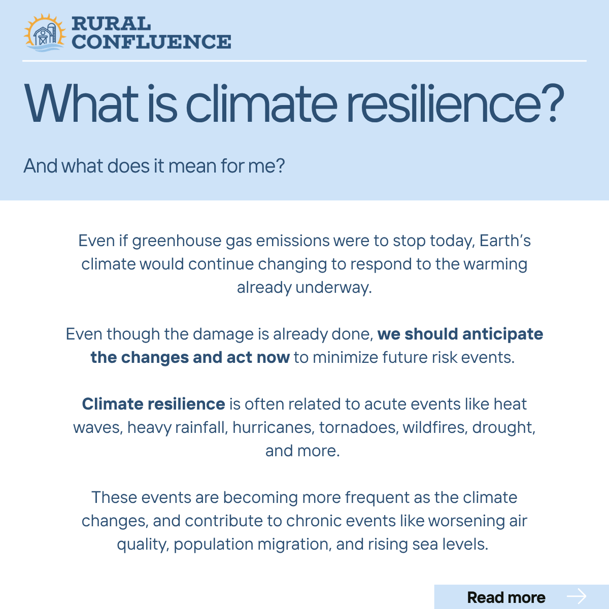 A webpage titled "What is climate resilience?" with information about climate change and the importance of anticipating and acting to minimize future risks, from Rural Confluence.