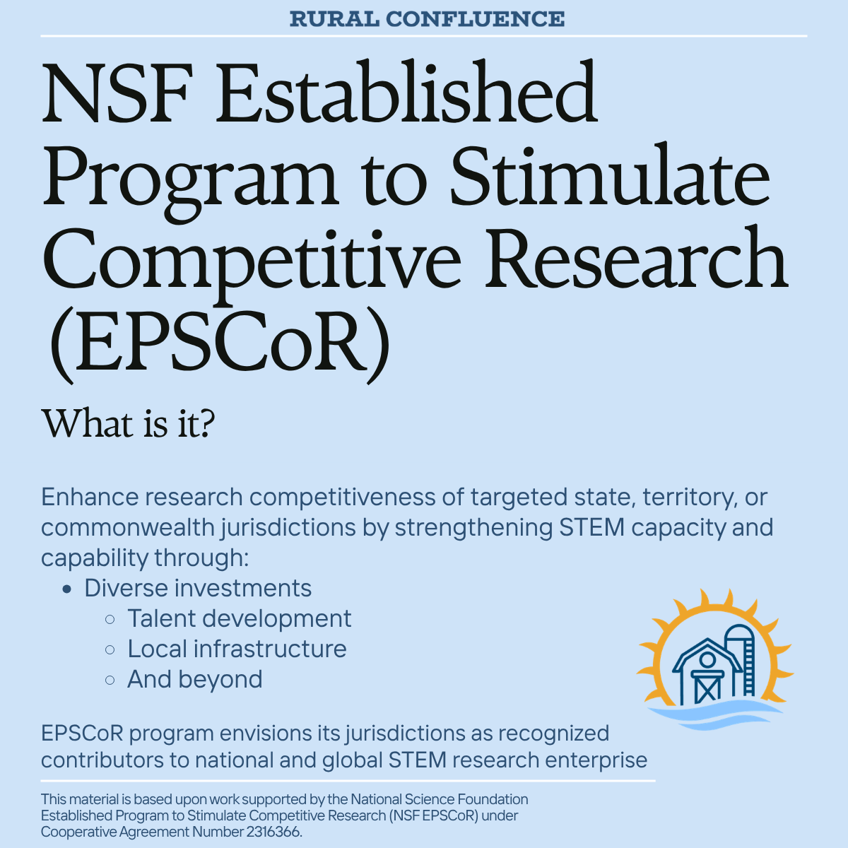 A scientific program announcement with the heading 'NSF Established Program to Stimulate Competitive Research (EPSCoR)' and a subheading 'What is it?'. The description explains that the program aims to enhance research competitiveness in targeted reg