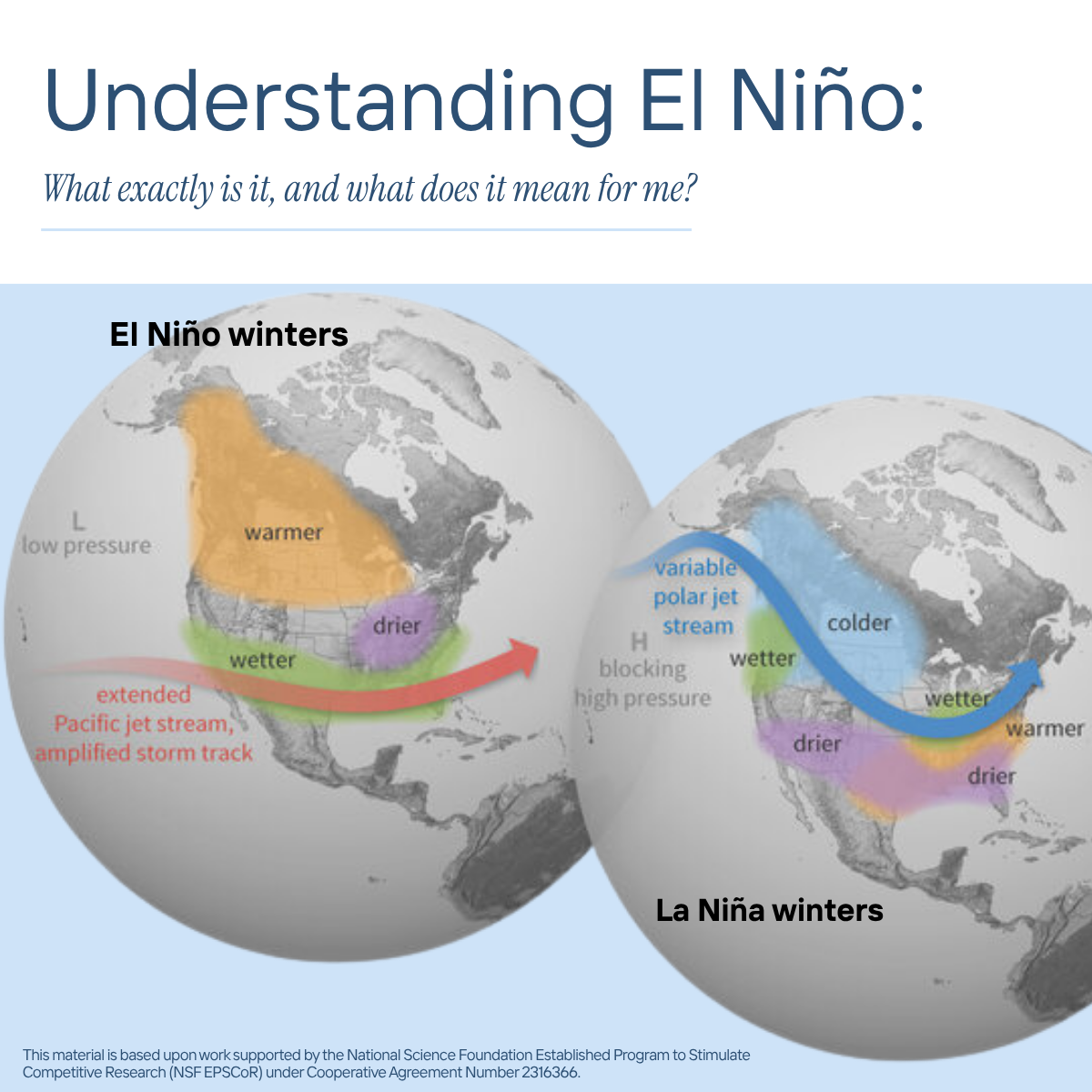 World map comparing El Niño and La Niña weather patterns with color-coded regions indicating warmer, wetter, drier, and colder conditions and illustrating the Pacific jet stream's expansion and contraction.