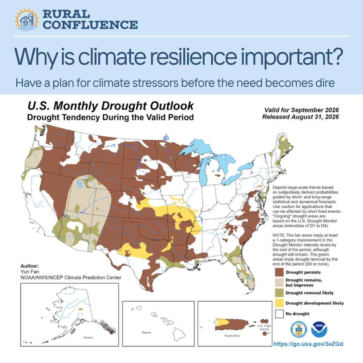 Map showing U.S. monthly drought outlook for September 2026 with areas of drought persisting, remaining, likely, or developing, and regions with no drought, based on NOAA/NWS climate prediction source.