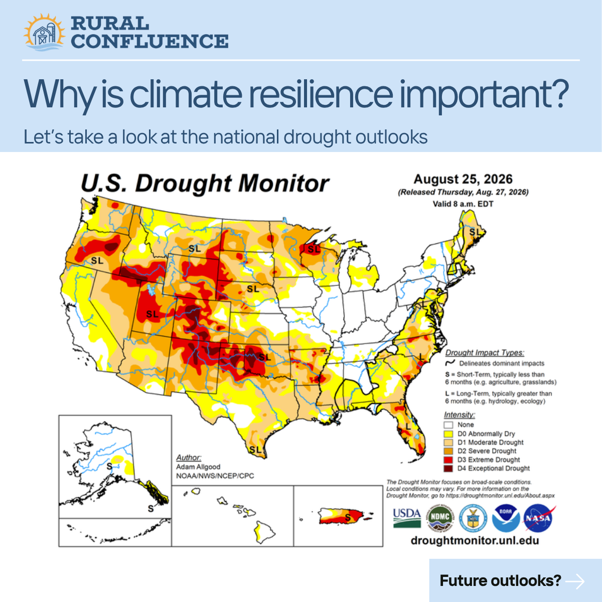 Map of the United States showing drought conditions as of August 25, 2026, with areas of short-term, long-term, severe, extreme, and exceptional drought highlighted in various shades of yellow, orange, and red.