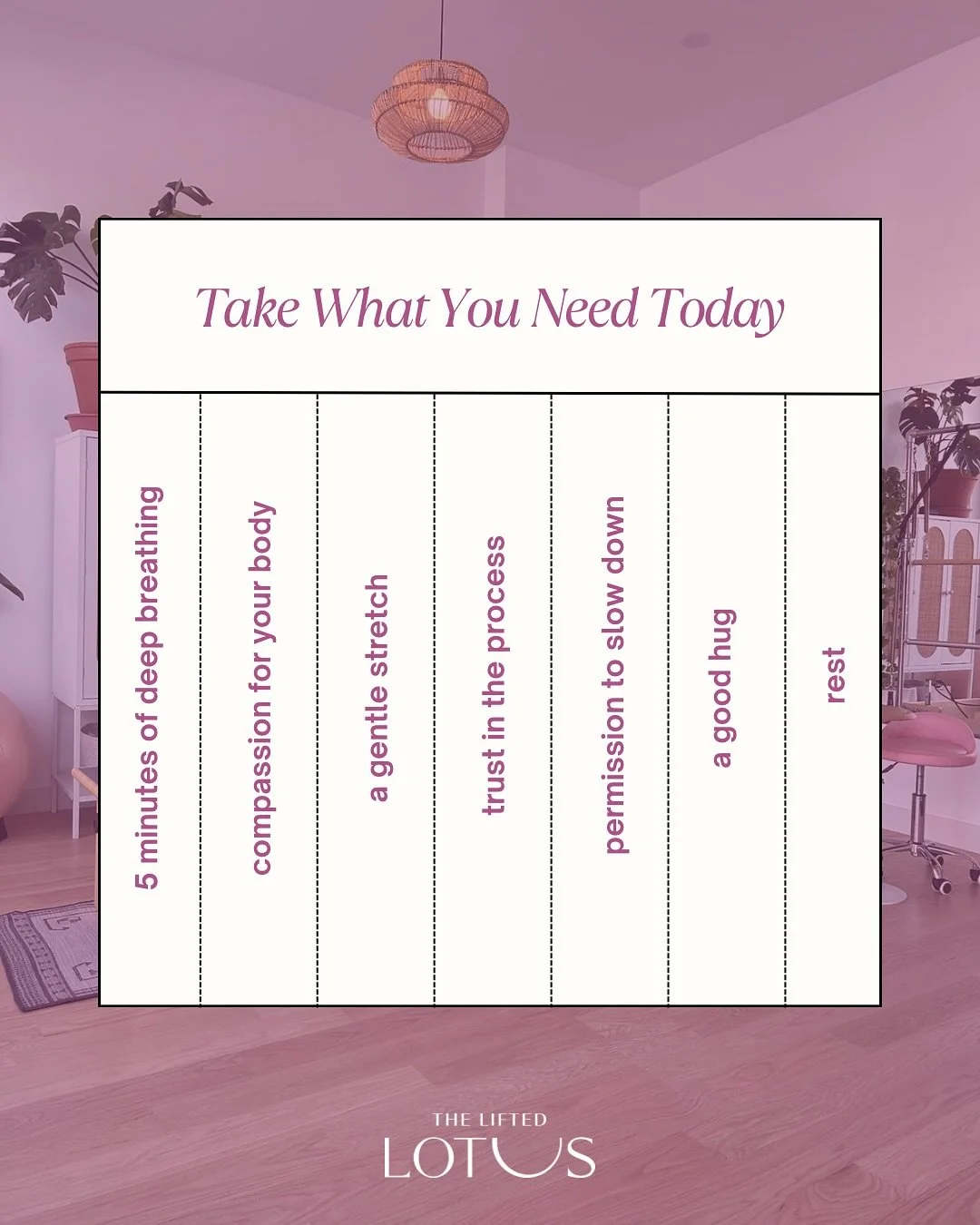 Take What You Need Today 🥰

Patience. Rest. A deep breath. A moment of stillness.
Healing isn&rsquo;t linear &mdash; some days call for movement, others for release, and sometimes, simply a little grace 💛

At The Lifted Lotus, we&rsquo;re here to s