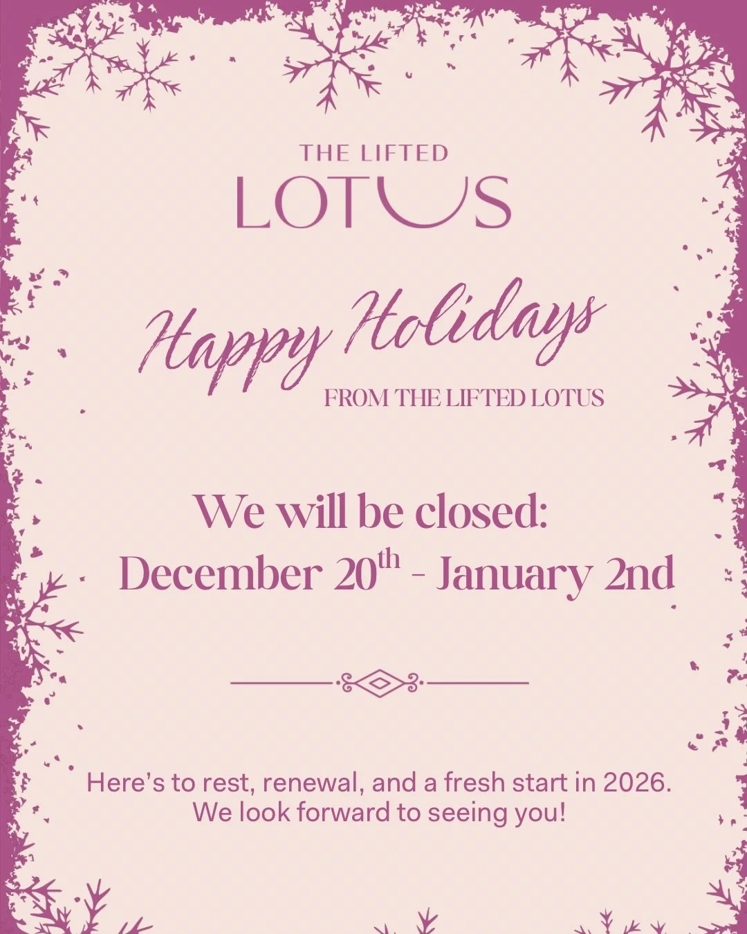 Enjoy. Relax. Recharge✨

The Lifted Lotus will be closed through January 2nd as we step into a brief reset. We&rsquo;ll return ready to continue offering grounded, supportive care in the new year❤️

Wishing you a calm and nourishing holiday season😌
